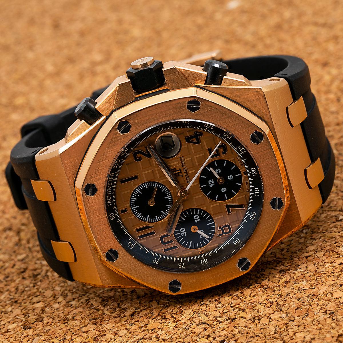 Audemars Piguet Royal Oak Offshore Chronograph 44MM 26470OR.OO.A002CR.01 Champagne Arabic Dial Rose Gold Bezel Black Rubber Band