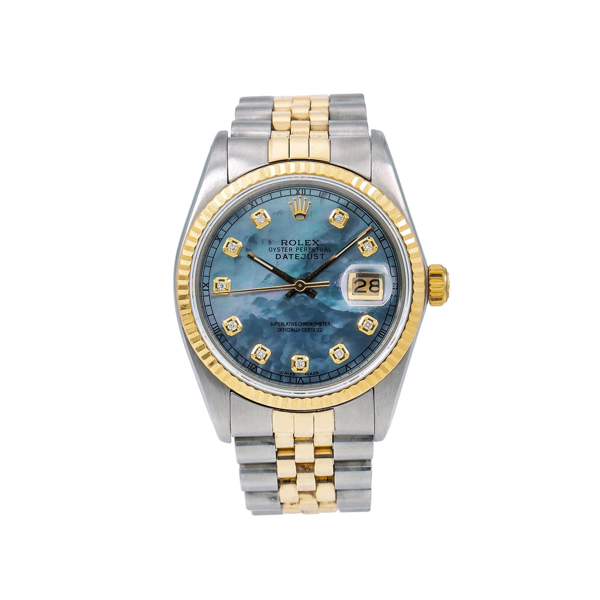 Rolex Datejust 36MM 16233 Blue Mother of Pearl Diamond Dial Yellow Gold Fluted Bezel Two Tone Jubilee Bracelet