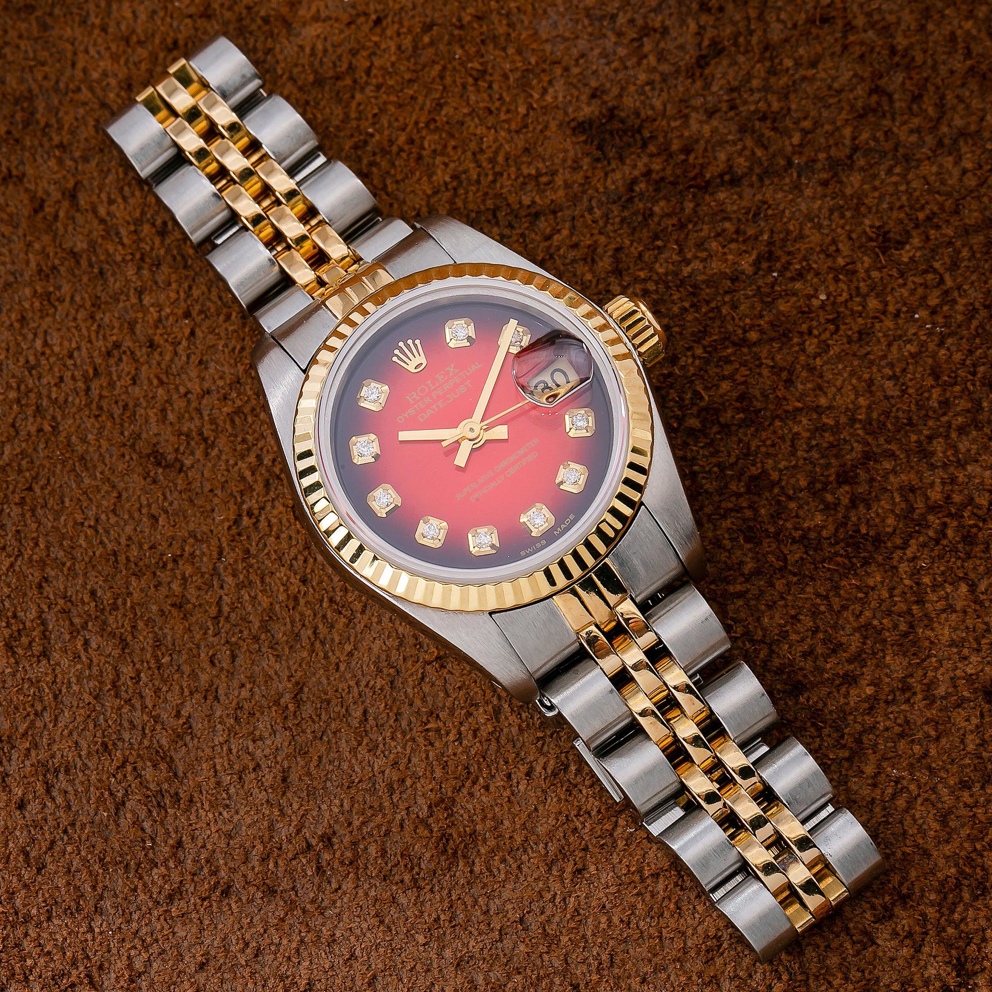 Rolex Datejust 26MM 69173 Red Diamond Dial Fluted Bezel Two Tone Yellow Gold Jubilee Bracelet