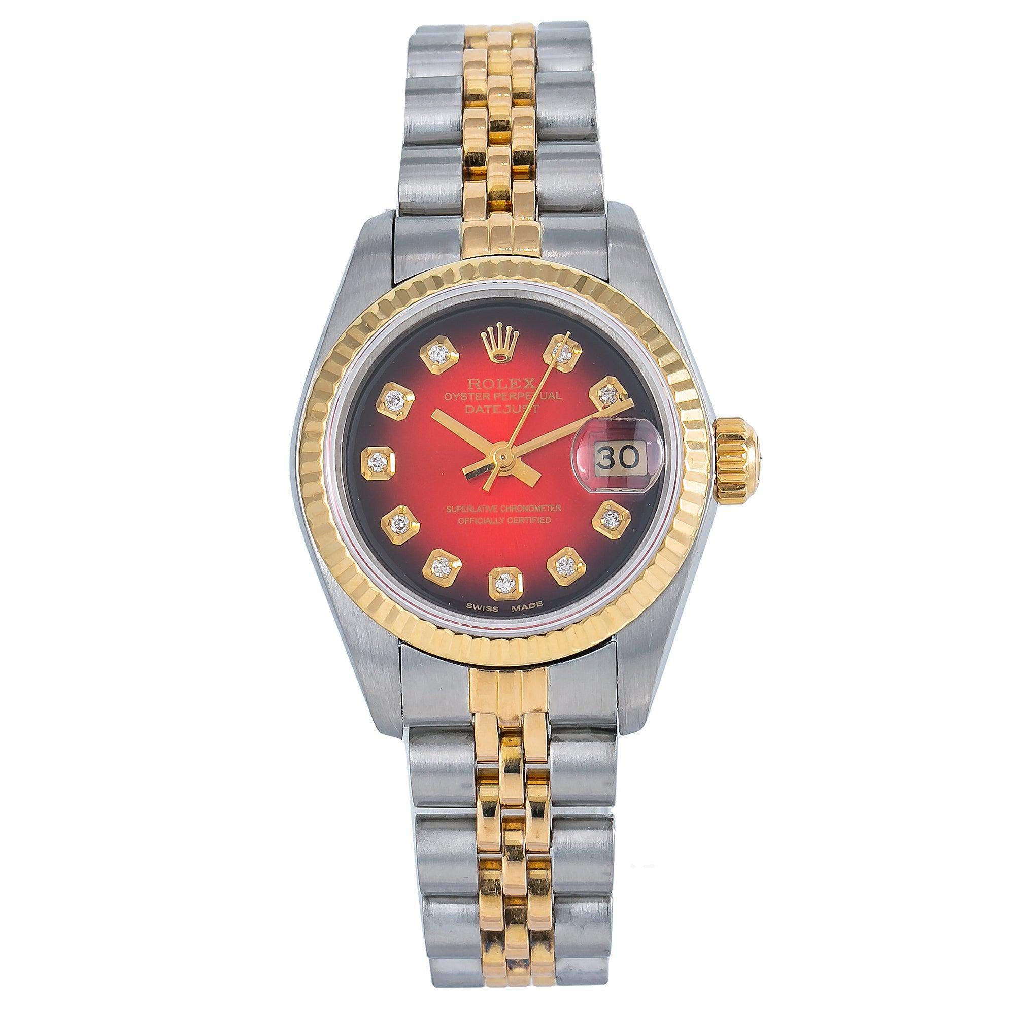 Rolex Datejust 26MM 69173 Red Diamond Dial Yellow Gold Fluted Bezel Two Tone Jubilee Bracelet