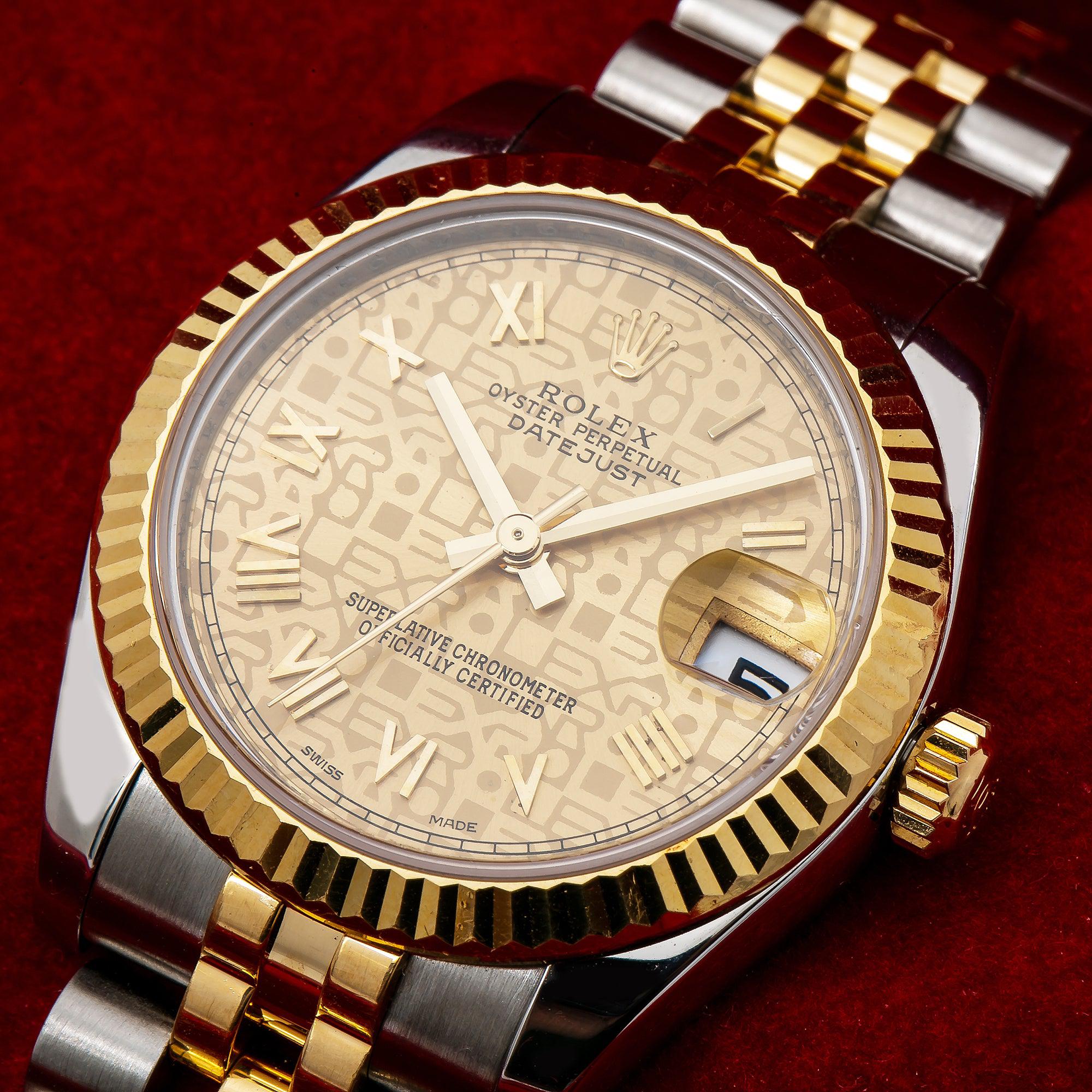 Rolex Datejust 31MM 178273 Champagne Pattern Roman Dial Fluted Bezel Two Tone Yellow Gold Jubilee Bracelet