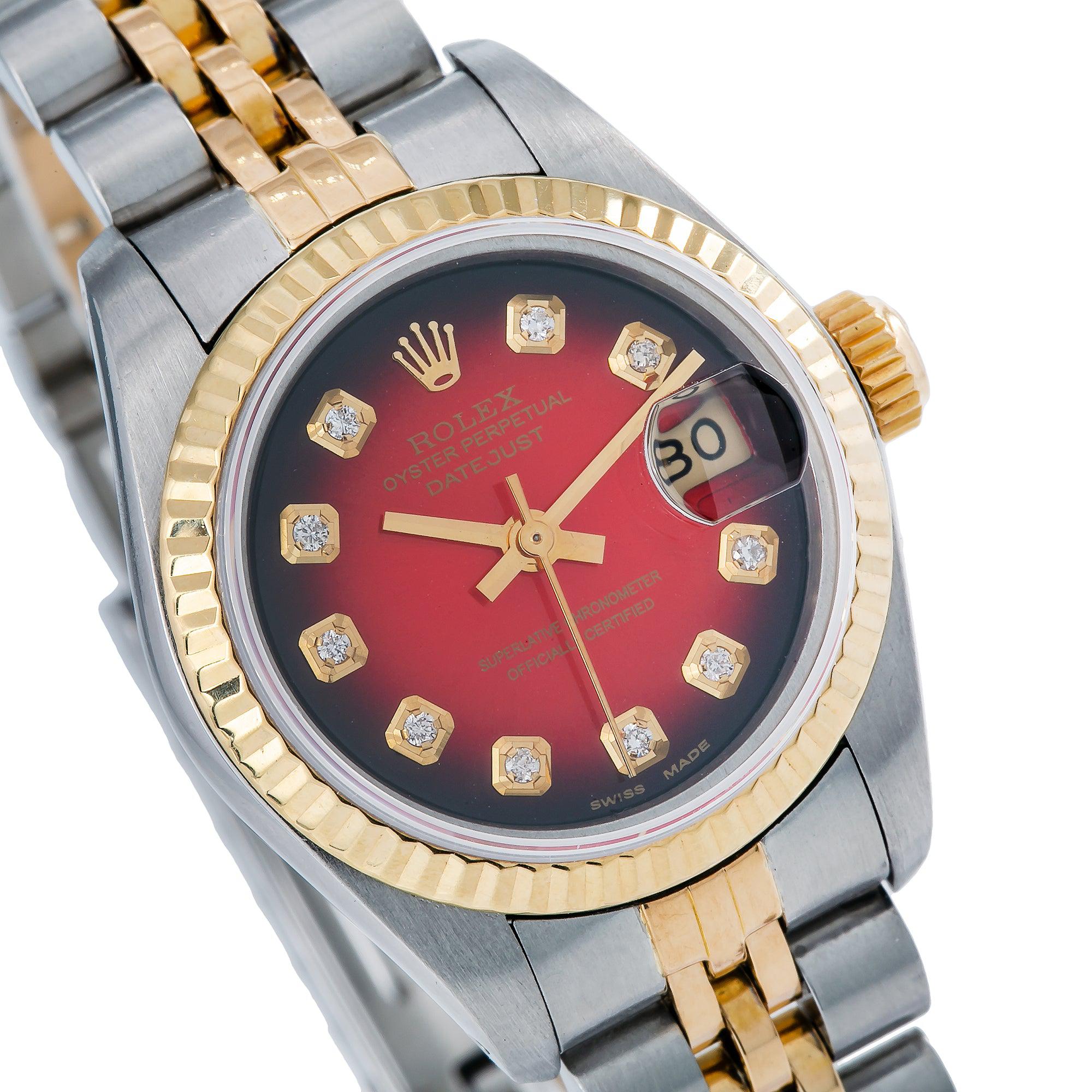 Rolex Datejust 26MM 69173 Red Diamond Dial Fluted Bezel Two Tone Yellow Gold Jubilee Bracelet