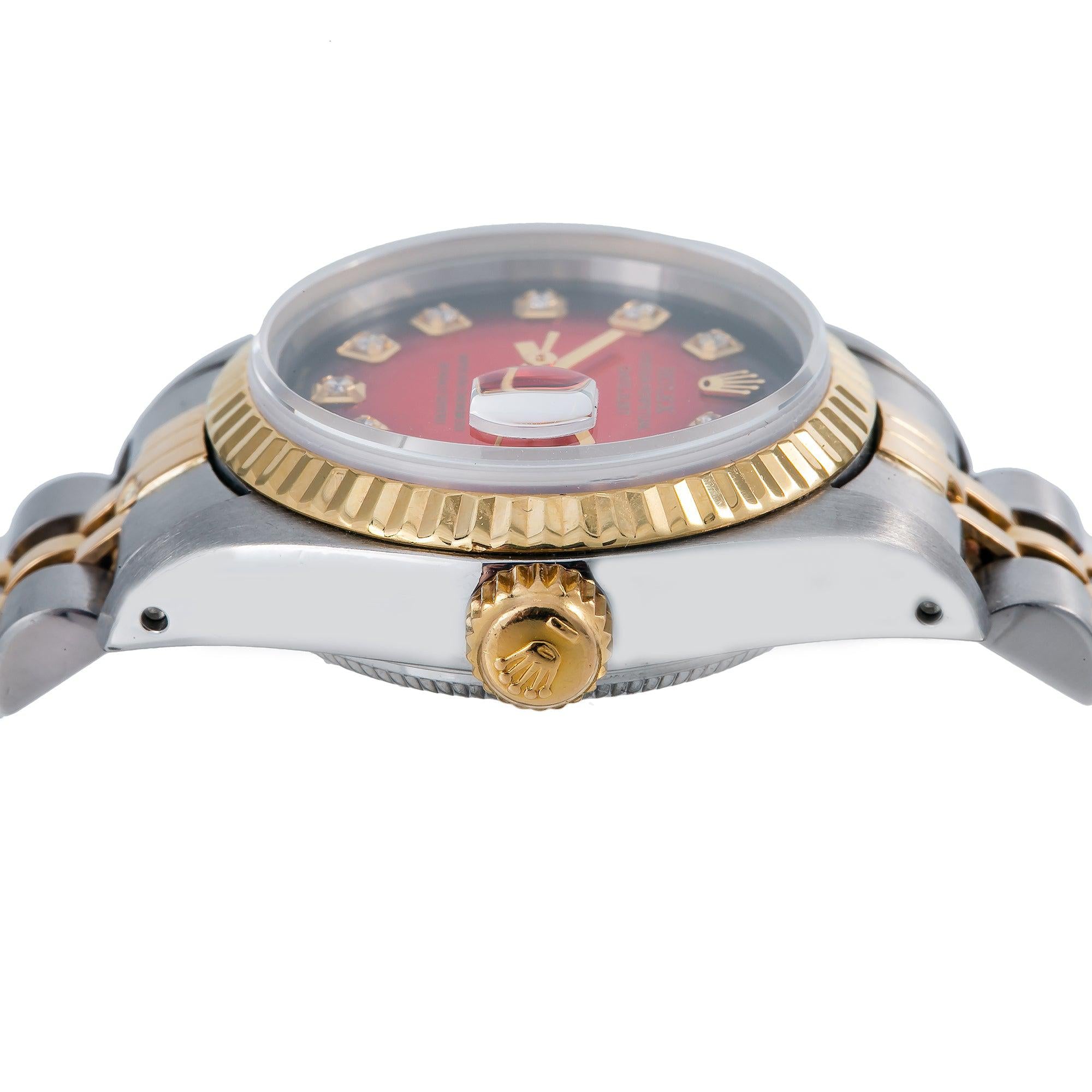 Rolex Datejust 26MM 69173 Red Diamond Dial Fluted Bezel Two Tone Yellow Gold Jubilee Bracelet