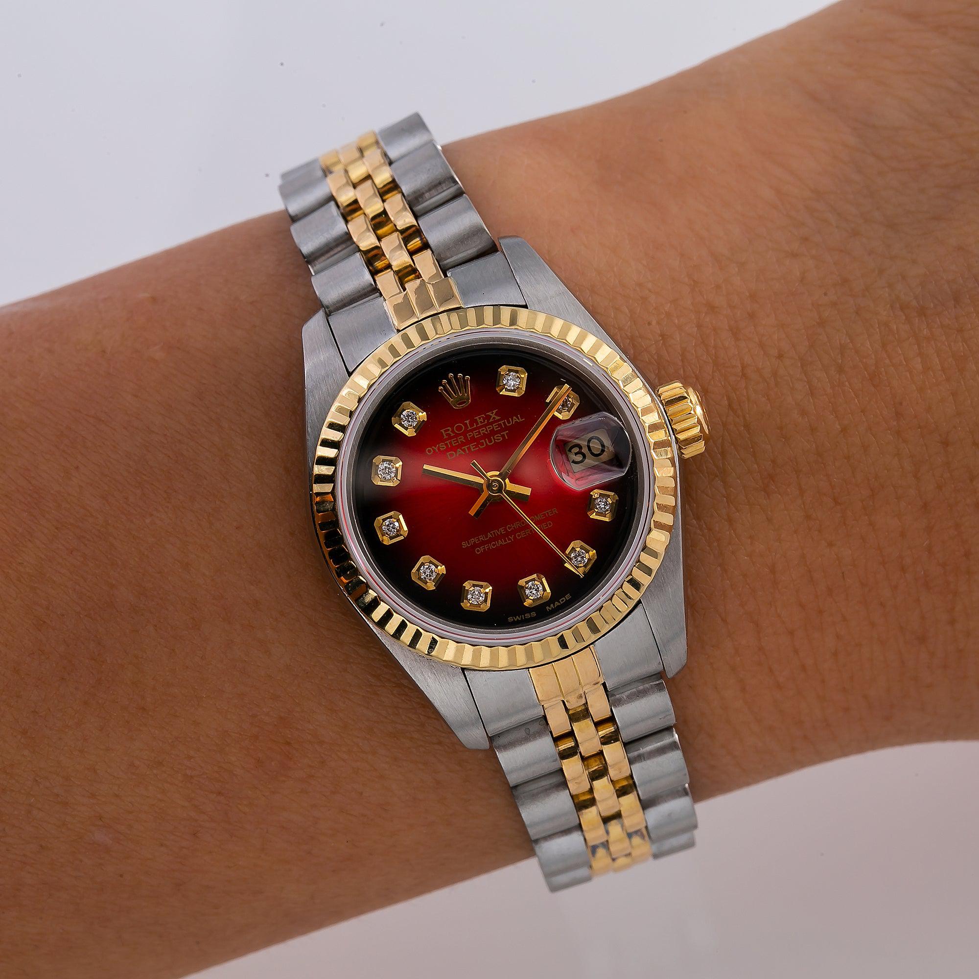Rolex Datejust 26MM 69173 Red Diamond Dial Fluted Bezel Two Tone Yellow Gold Jubilee Bracelet