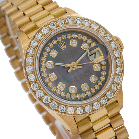 Rolex Lady-Datejust Diamond Watch, 6917 26mm, Black Diamond Dial With Yellow Gold Bracelet