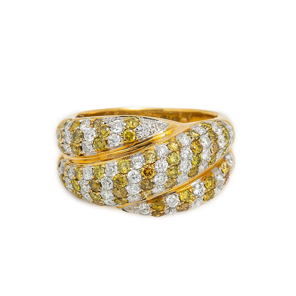 18K YELLOW GOLD BRILLIANT AND COLORED ROUND CUT DIAMOND RING 2.50 CT