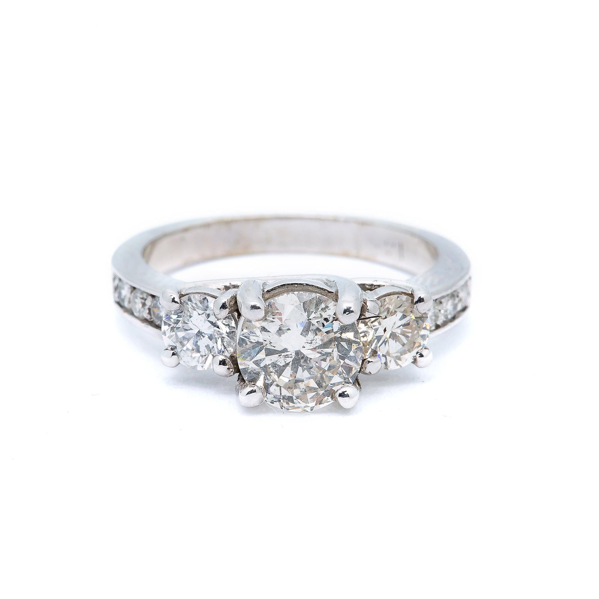 14K WHITE GOLD 3 STONE ENGAGEMENT RING 0.63 CT