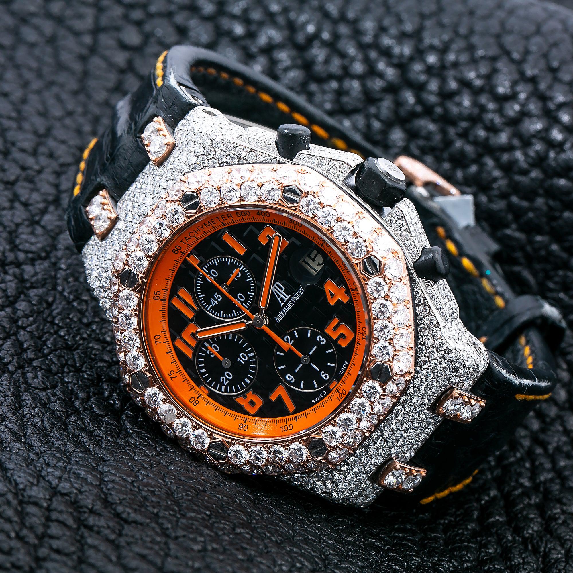 Audemars Piguet Royal Oak Offshore Chronograph 42MM 26170ST Black Arabic Dial Diamond Paved Bezel Black Alligator Leather Strap