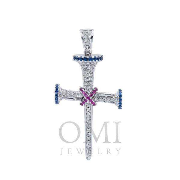 Unisex 14K White Gold Cross Pendant with 0.55 CT Diamonds and 0.45 Ct Sapphire