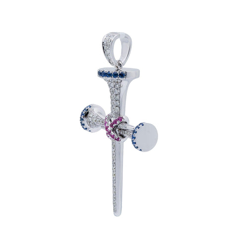 Unisex 14K White Gold Cross Pendant with 0.55 CT Diamonds and 0.45 Ct Sapphire