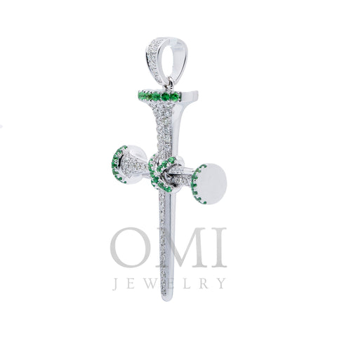 Unisex 14K White Gold Cross Pendant with 0.52 CT Diamonds and 0.45 Ct Emerald