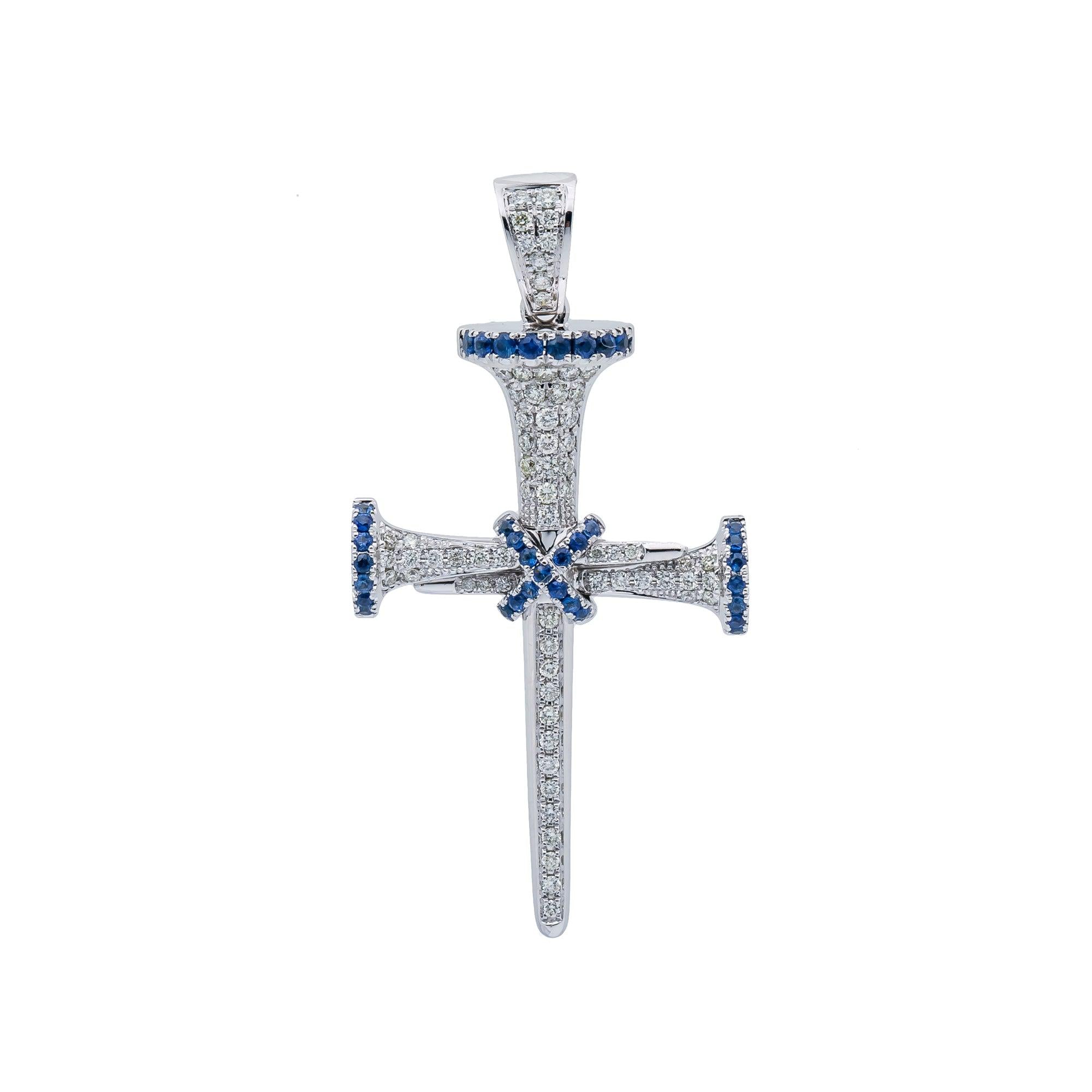 Unisex 14K White Gold Cross Pendant with 0.55 CT Diamonds and 0.40 Ct Sapphire
