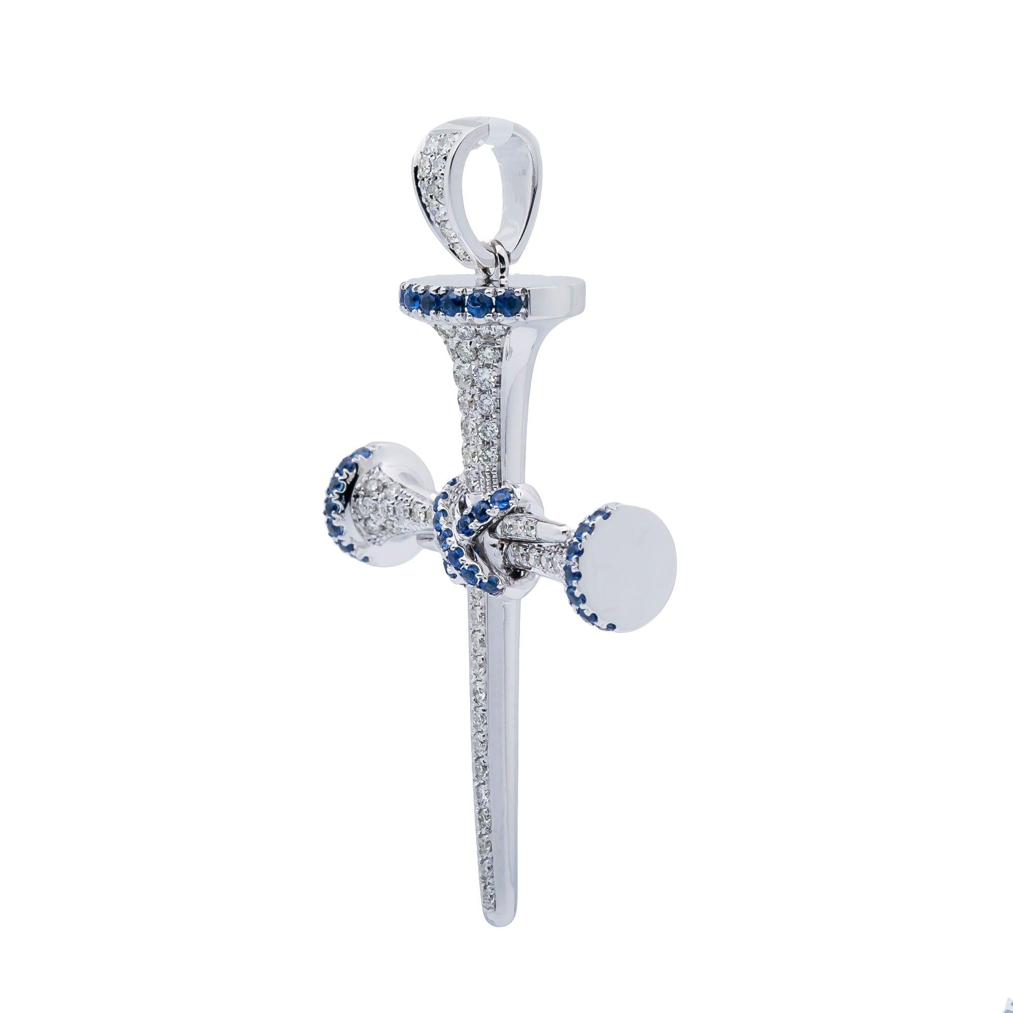 Unisex 14K White Gold Cross Pendant with 0.55 CT Diamonds and 0.40 Ct Sapphire
