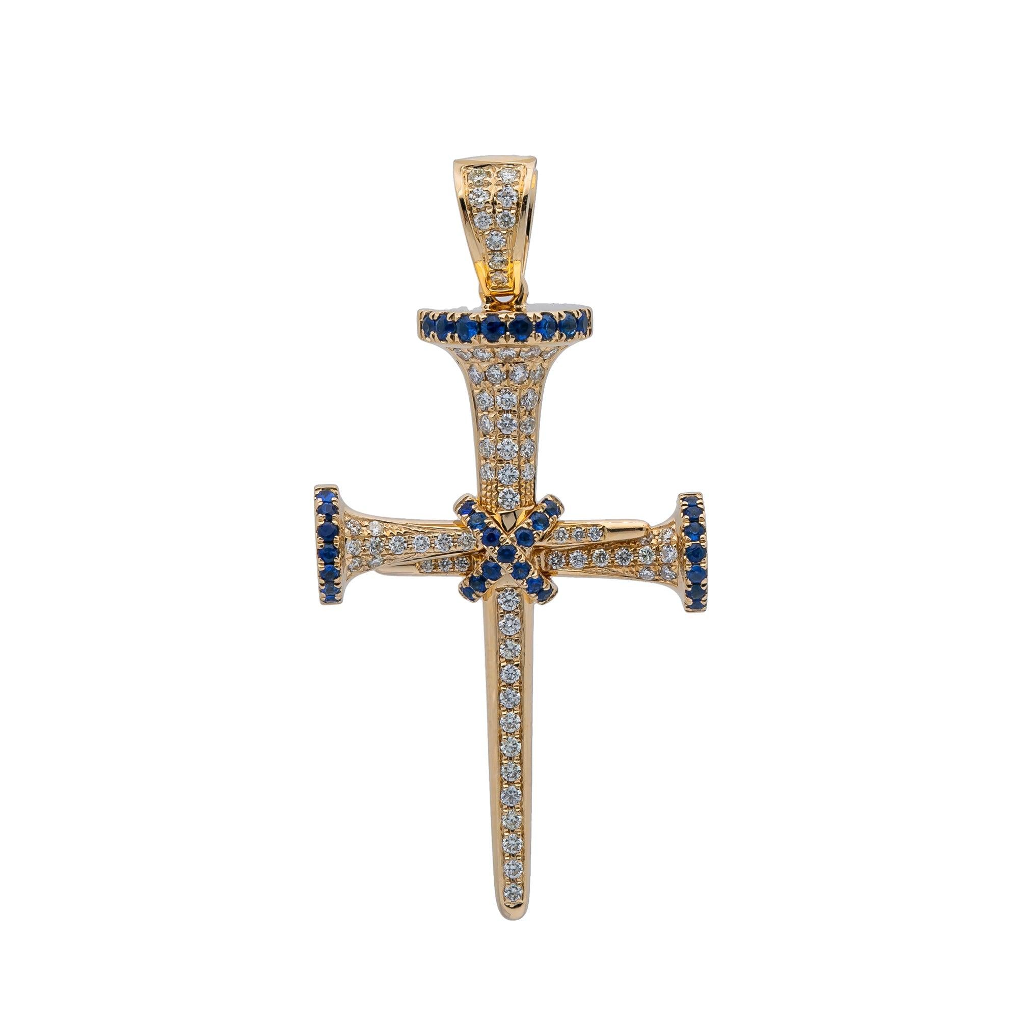 Unisex 14K Yellow Gold Cross Pendant with 0.55 CT Diamonds and 0.50 Ct Sapphire