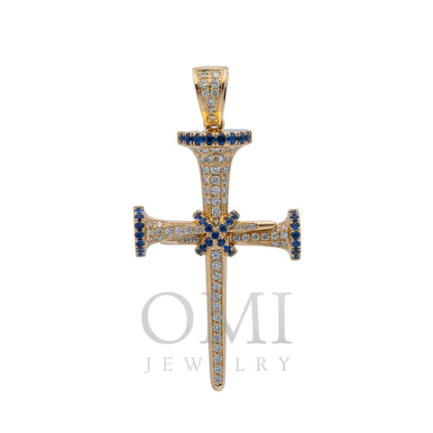 Unisex 14K Yellow Gold Cross Pendant with 0.55 CT Diamonds and 0.50 Ct Sapphire