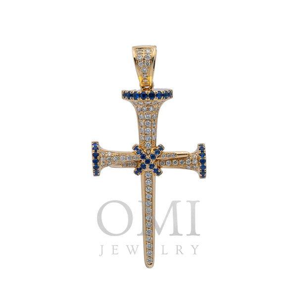 Unisex 14K Yellow Gold Cross Pendant with 0.55 CT Diamonds and 0.50 Ct Sapphire