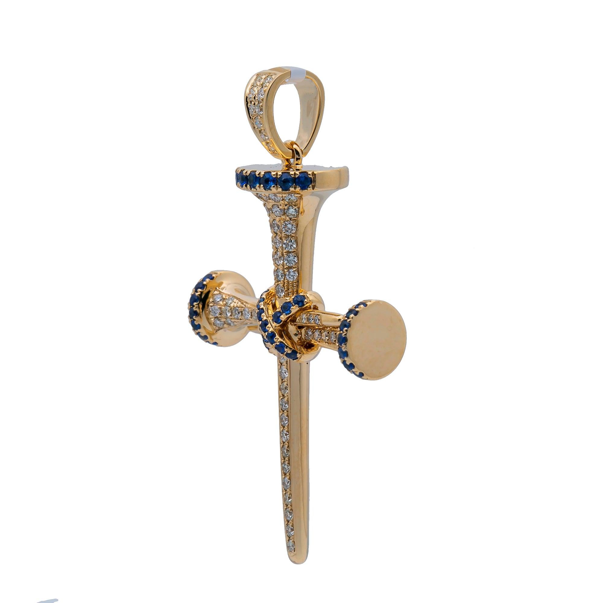Unisex 14K Yellow Gold Cross Pendant with 0.55 CT Diamonds and 0.50 Ct Sapphire