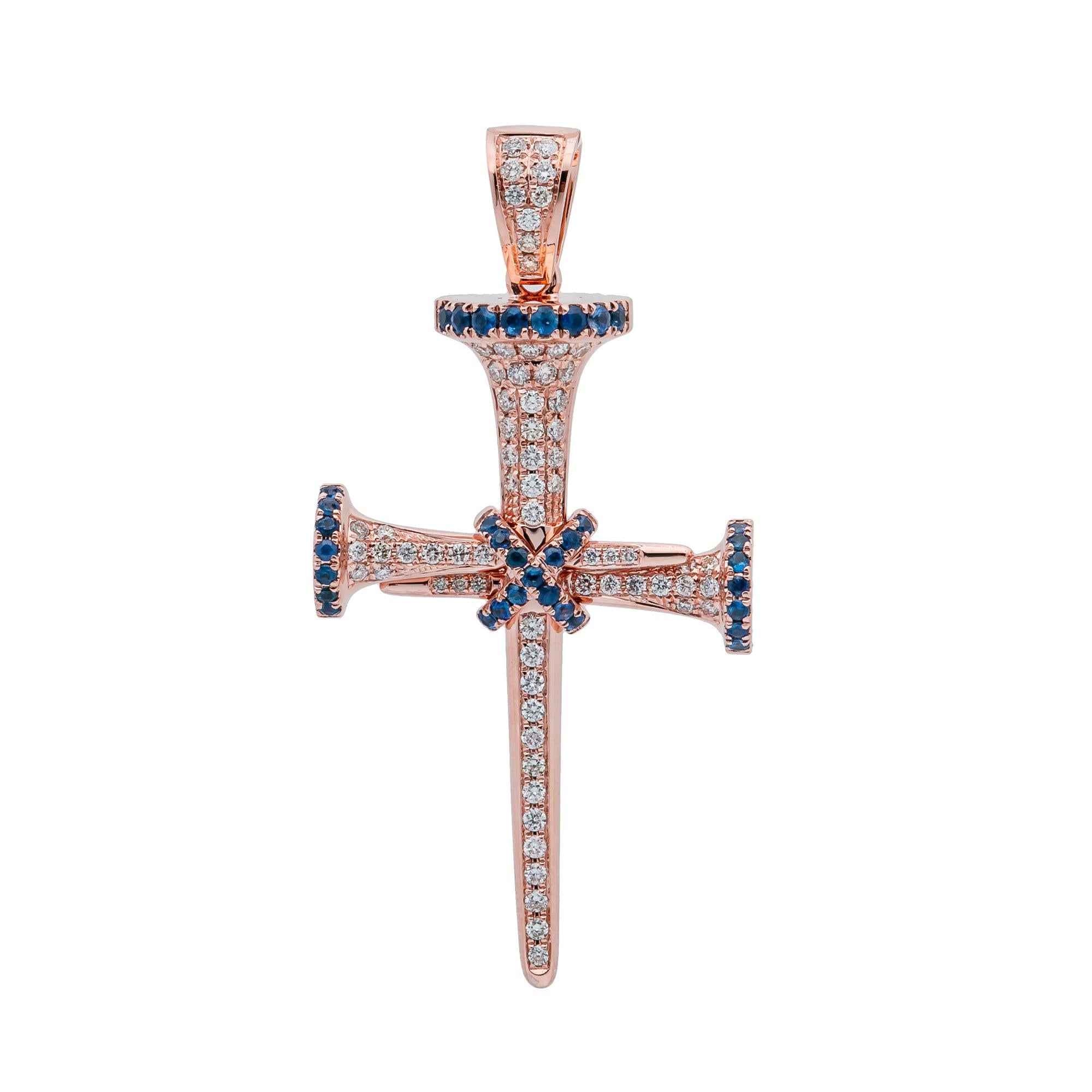 Unisex 14K Rose Gold Cross Pendant with 0.53 CT Diamonds and 0.40 Ct Sapphire