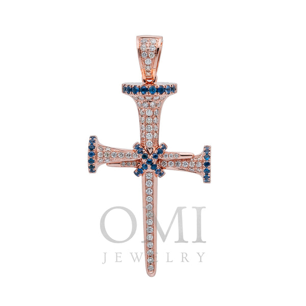 Unisex 14K Rose Gold Cross Pendant with 0.53 CT Diamonds and 0.40 Ct Sapphire
