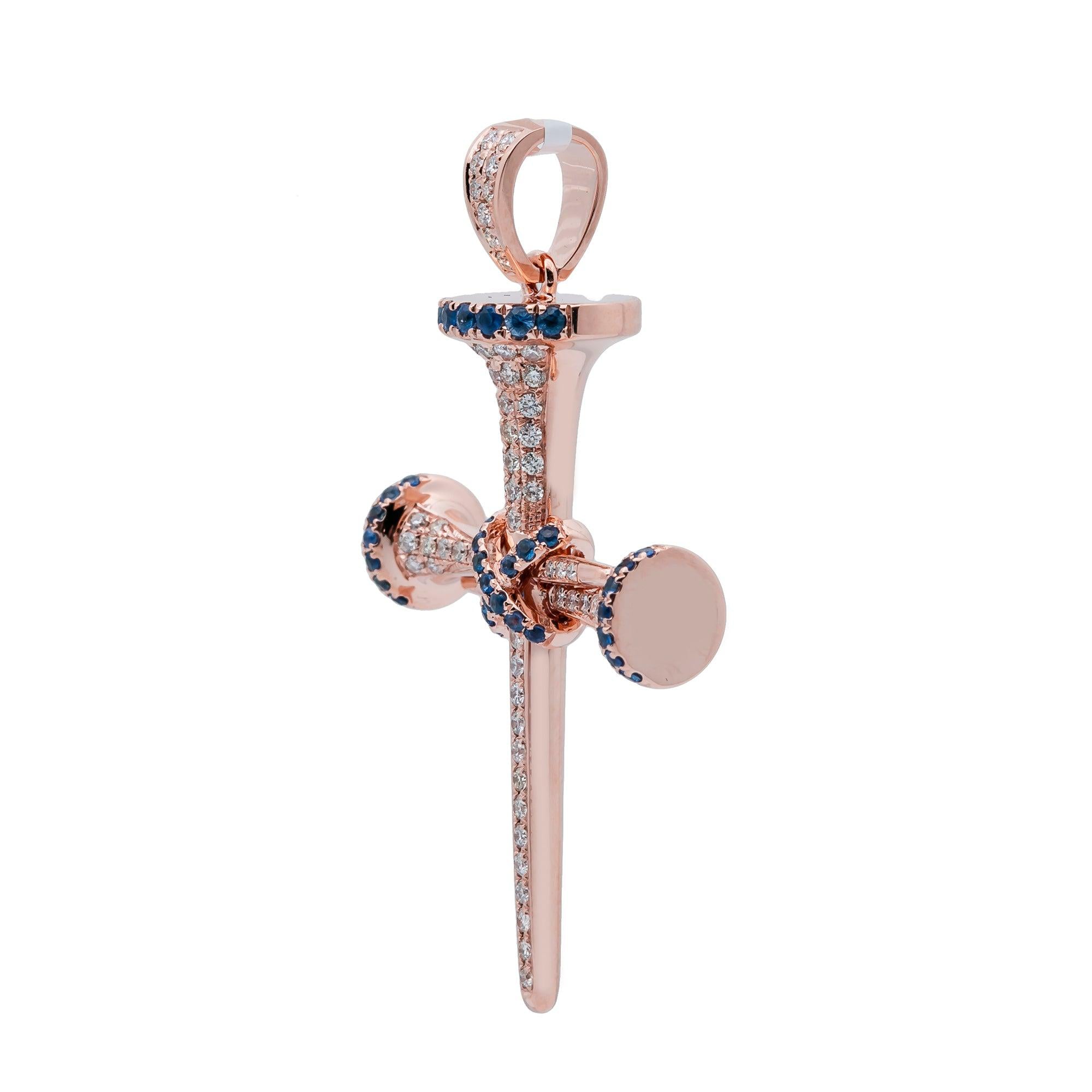 Unisex 14K Rose Gold Cross Pendant with 0.53 CT Diamonds and 0.40 Ct Sapphire