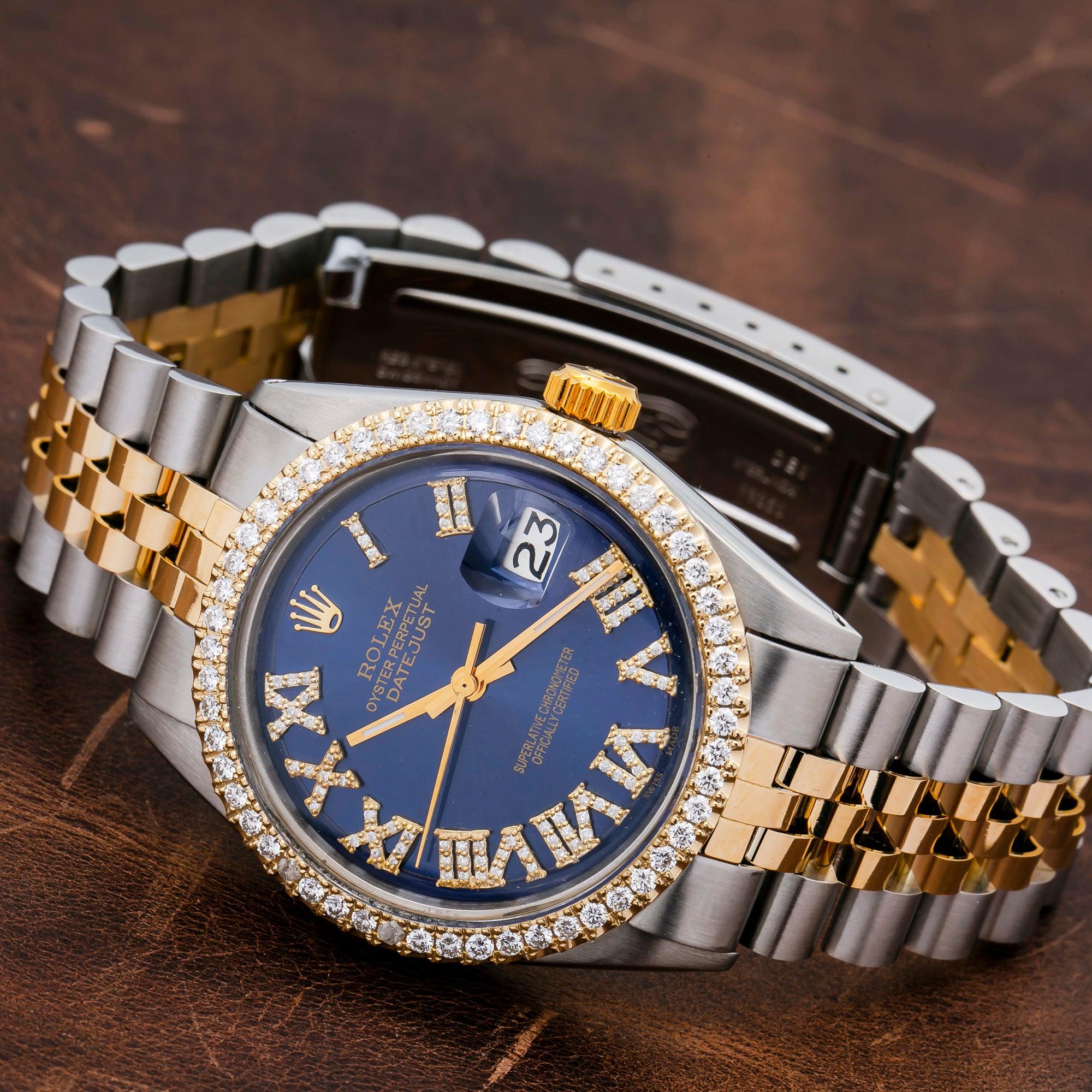 Rolex Datejust 36MM 1601 Blue Roman Diamond Dial Diamond Bezel Two Tone Yellow Gold Jubilee Bracelet