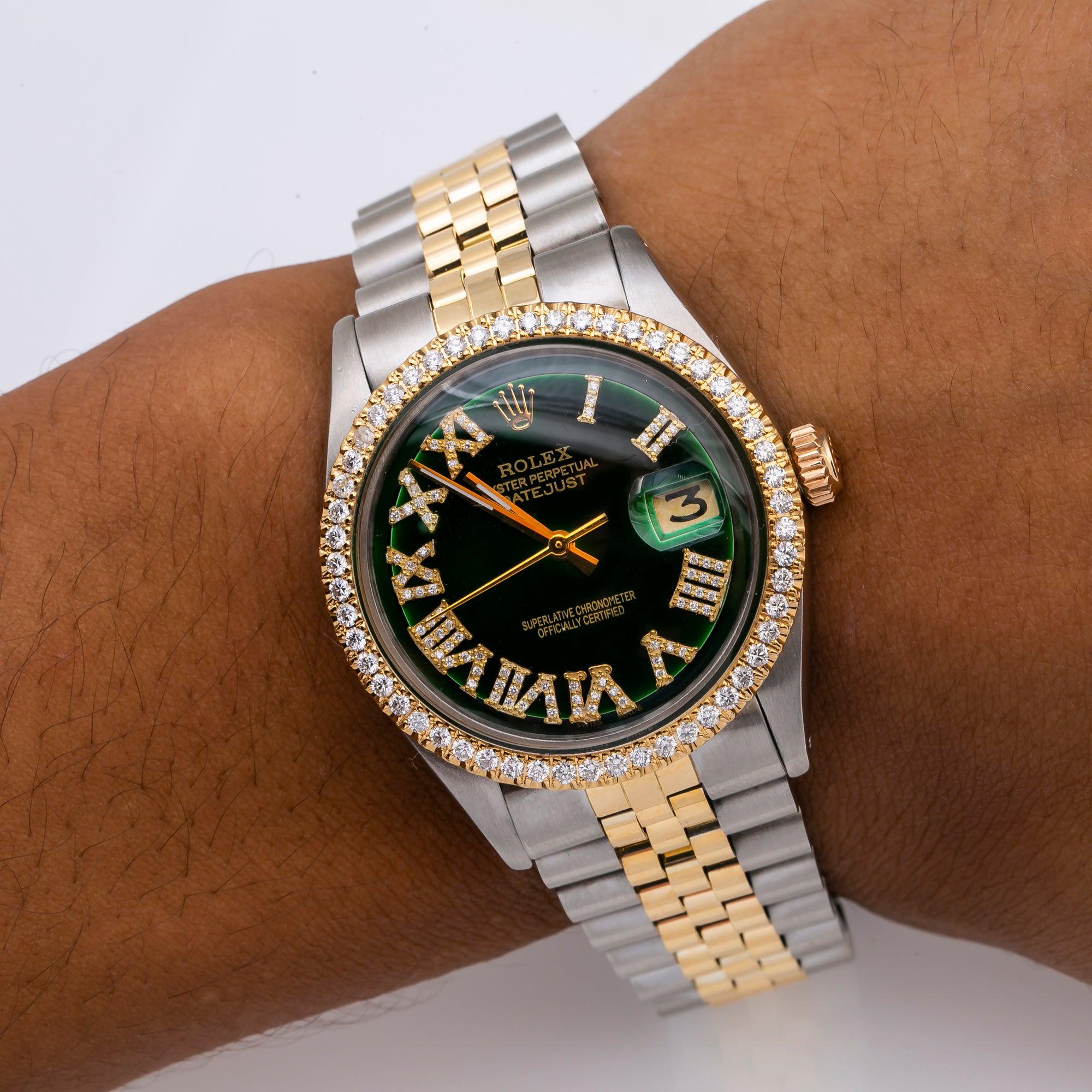 Rolex Datejust 36MM 1601 Green Roman Diamond Dial Diamond Bezel Two Tone Yellow Gold Jubilee Bracelet