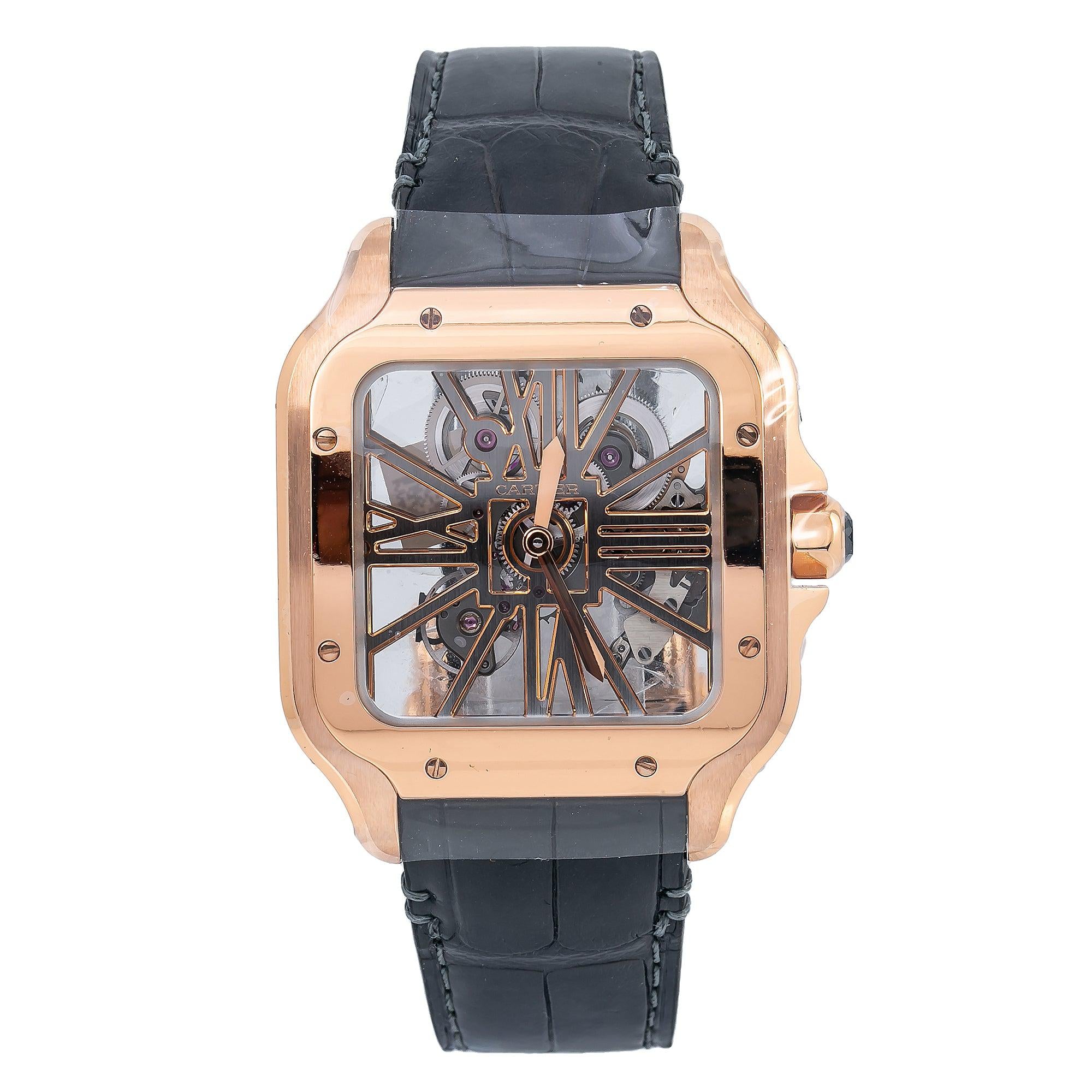 Cartier Santos 39.8MM WHSA0010 Skeleton Roman Dial Rose Gold Bezel Black Leather Strap