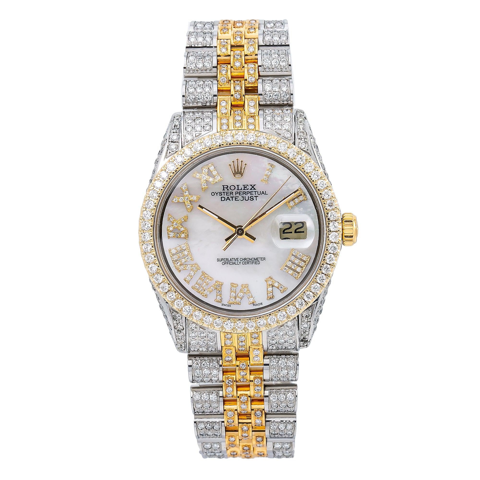 Rolex Datejust 36MM 116203 Mother of Pearl Roman Dial Diamond Bezel Two Tone Full Diamond Jubilee Bracelet 8.25ct