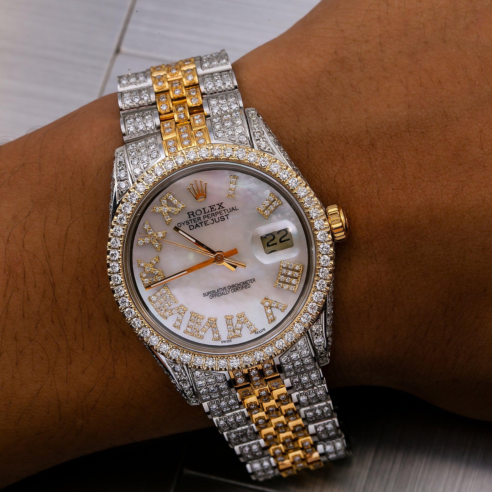 Rolex Datejust 36MM 116203 White Mother of Pearl Roman Diamond Dial Diamond Bezel Two Tone Yellow Gold Full Diamond Jubilee Bracelet 8.25ct