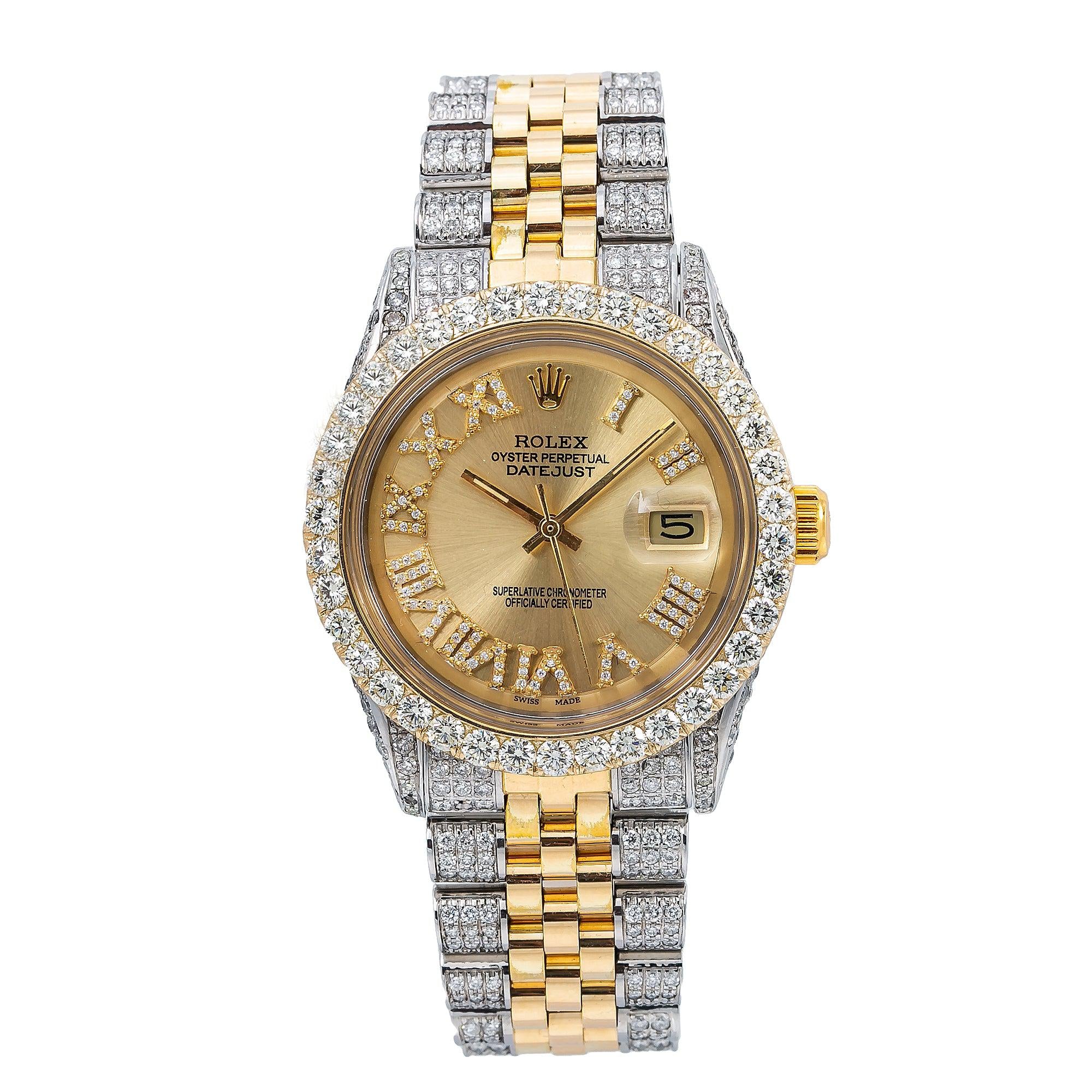Rolex Datejust 36MM 1601 Champagne Roman Dial Diamond Bezel Two Tone Semi Diamond Jubilee Bracelet 6.75ct
