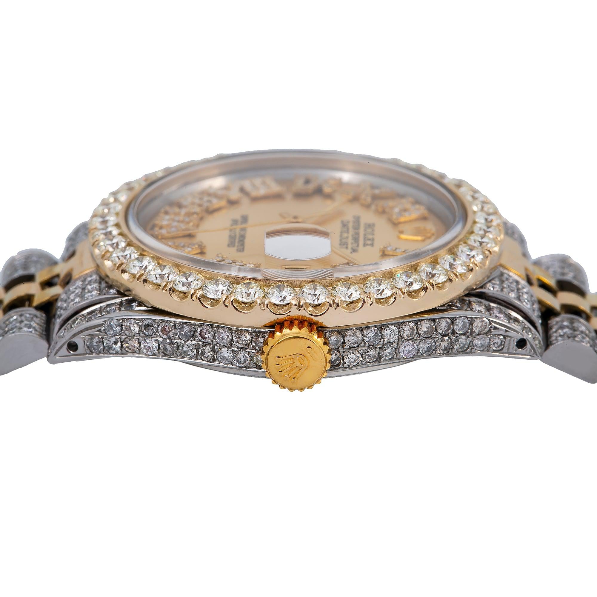 Rolex Datejust 36MM 1601 Champagne Roman Diamond Dial Diamond Bezel Two Tone Yellow Gold Semi Diamond Jubilee Bracelet 6.75ct