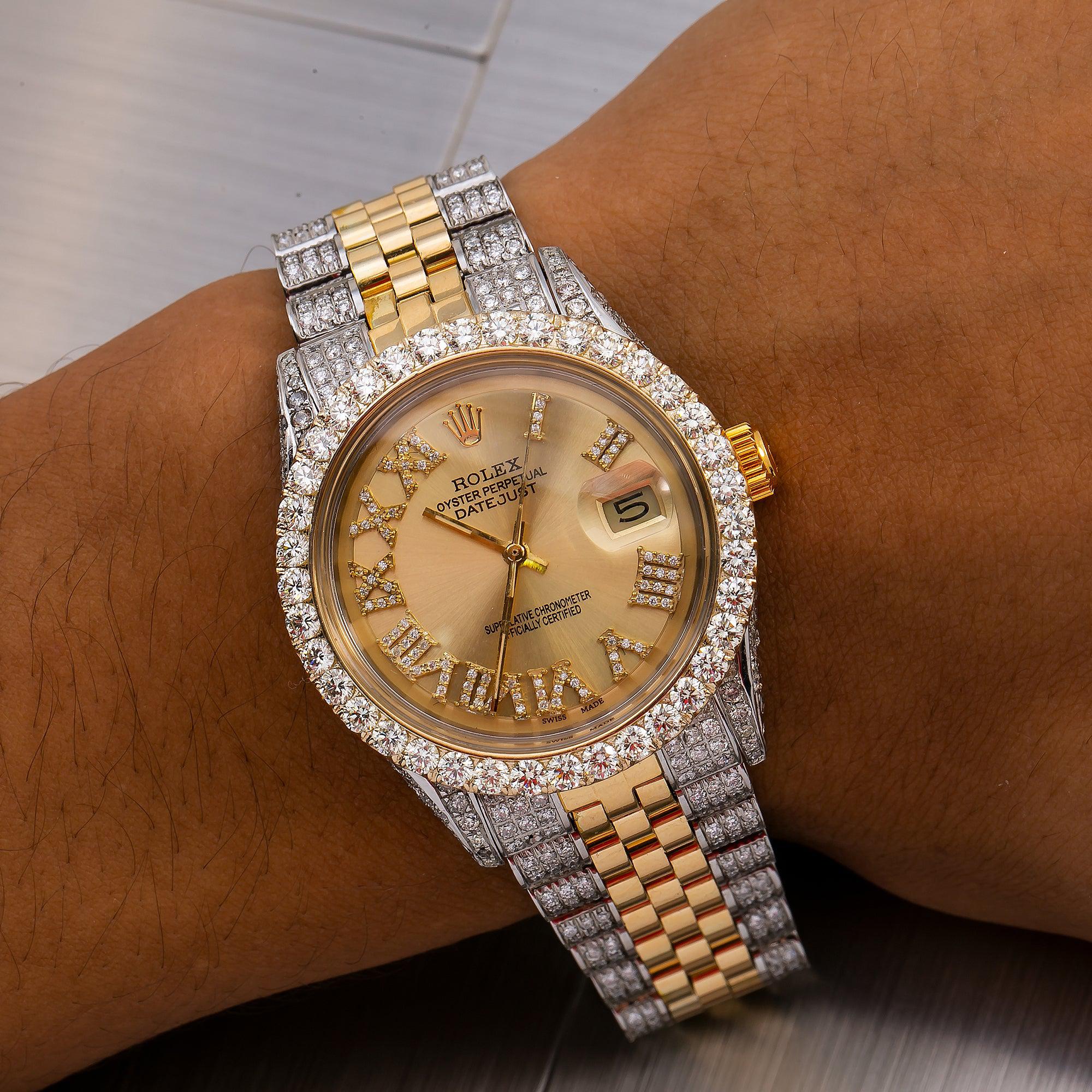 Rolex Datejust 36MM 1601 Champagne Roman Diamond Dial Diamond Bezel Two Tone Yellow Gold Semi Diamond Jubilee Bracelet 6.75ct