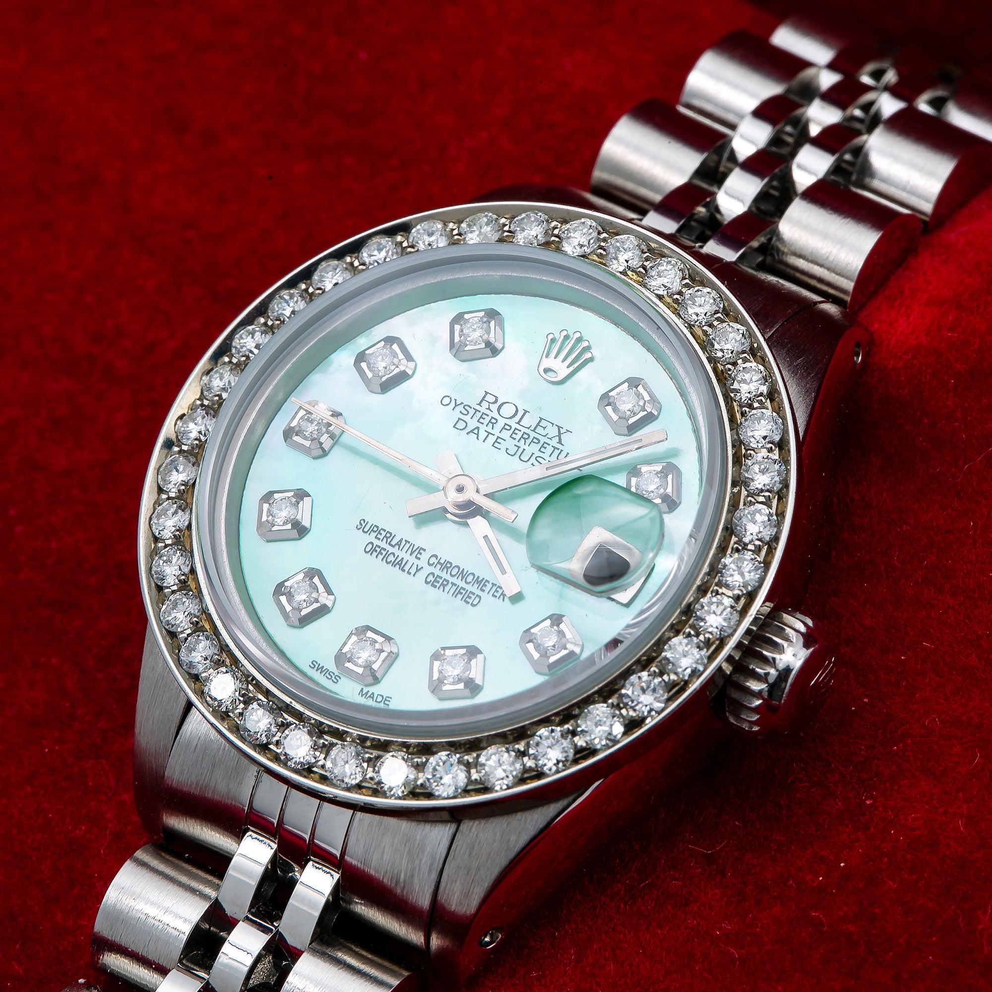 Rolex Datejust 26MM 6916 Turquoise Mother of Pearl Diamond Dial Diamond Bezel Stainless Steel Jubilee Bracelet 0.9ct