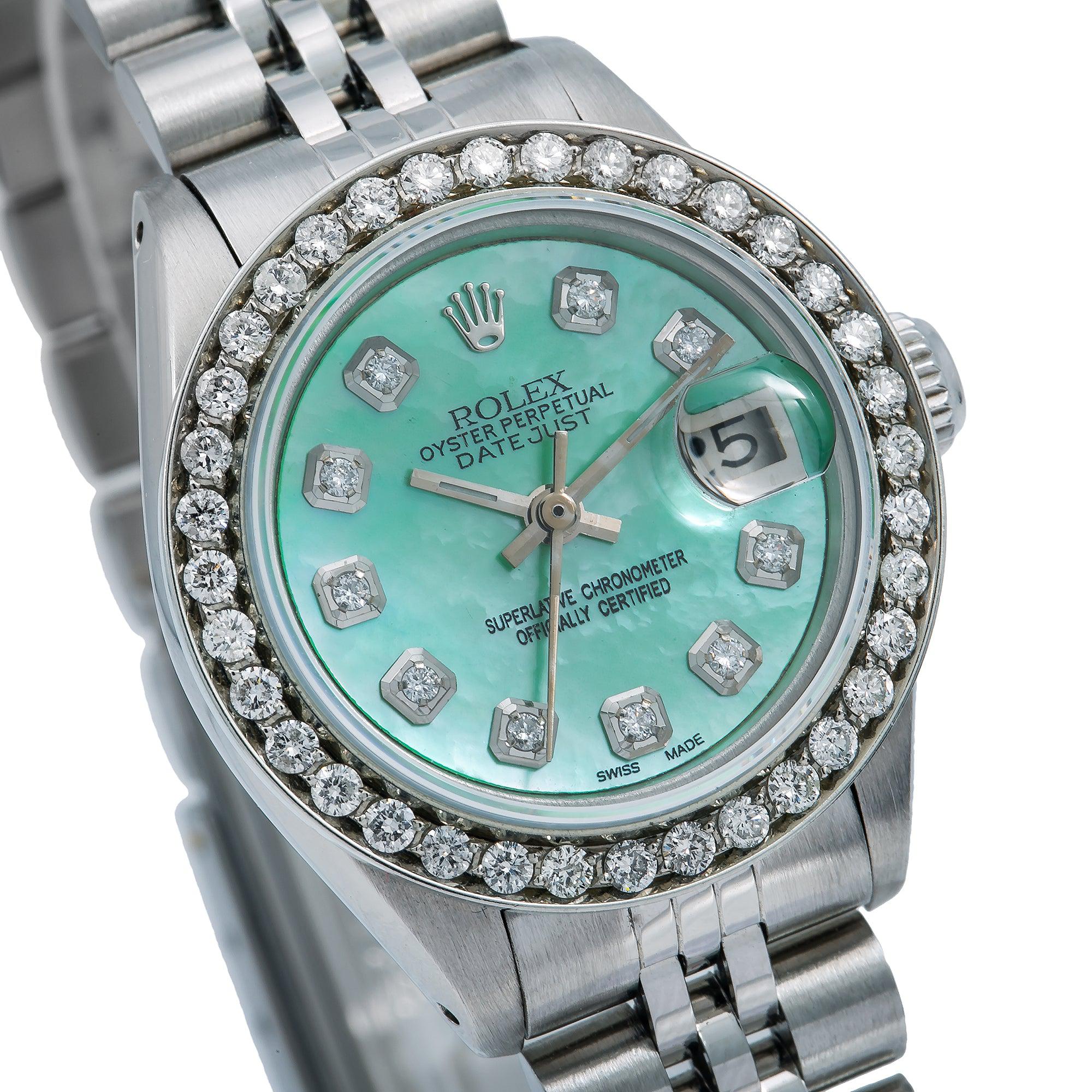 Rolex Datejust 26MM 6916 Turquoise Mother of Pearl Diamond Dial Diamond Bezel Stainless Steel Jubilee Bracelet 0.9ct