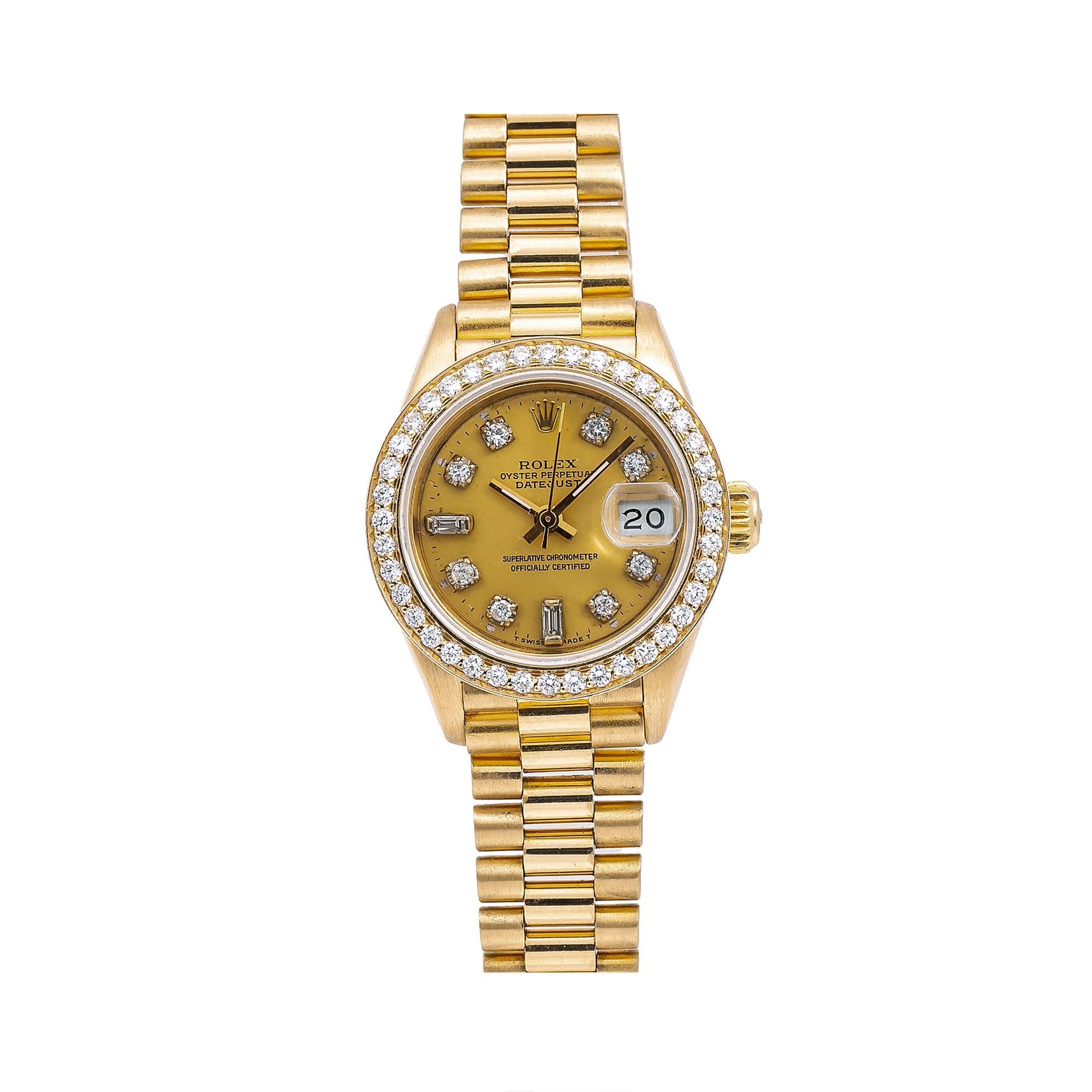 Rolex Datejust 26MM 69178 Champagne Diamond Dial Diamond Bezel 18K Yellow Gold President Bracelet 0.9ct
