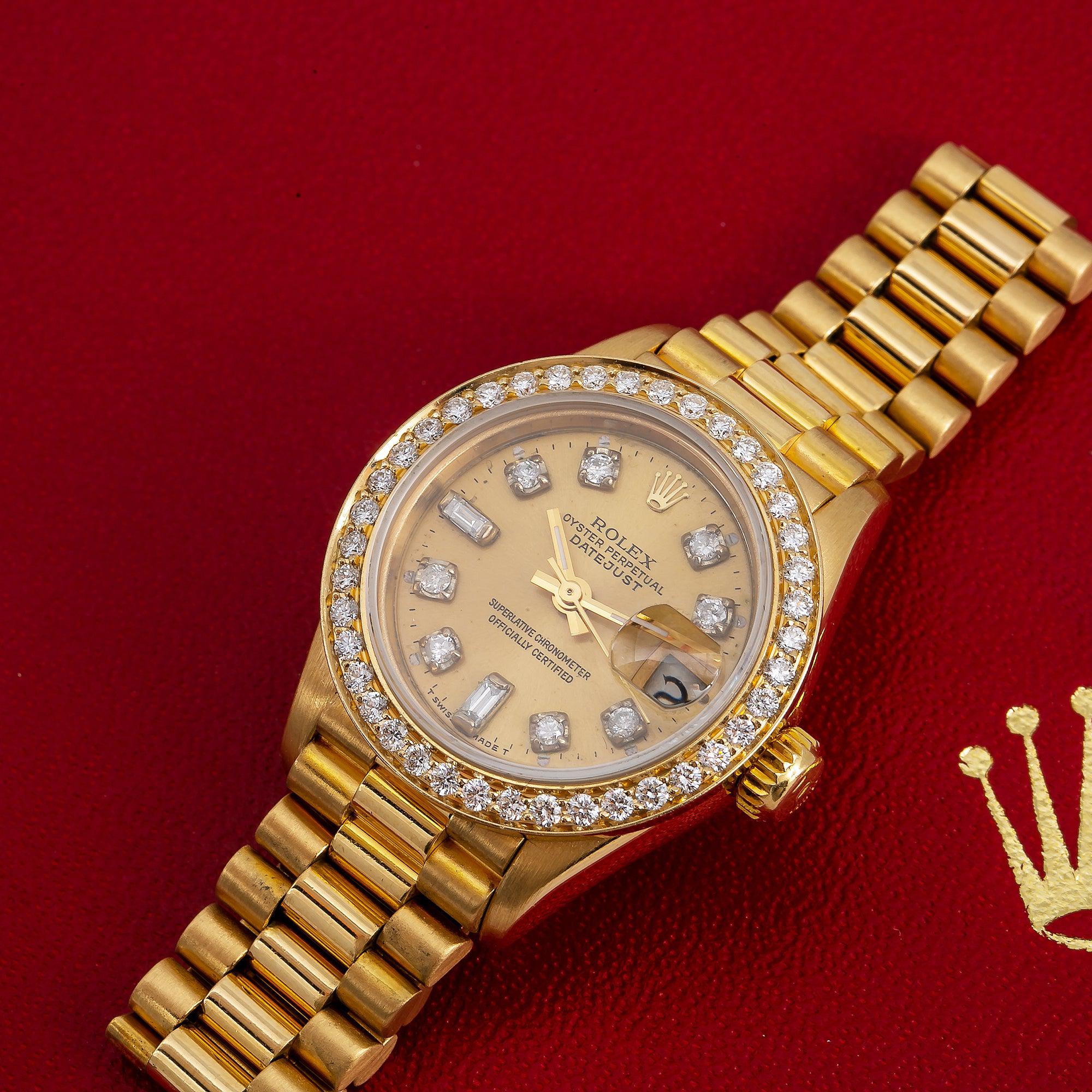 Rolex Datejust 26MM 69178 Champagne Diamond Dial Diamond Bezel 18K Yellow Gold President Bracelet 0.9ct