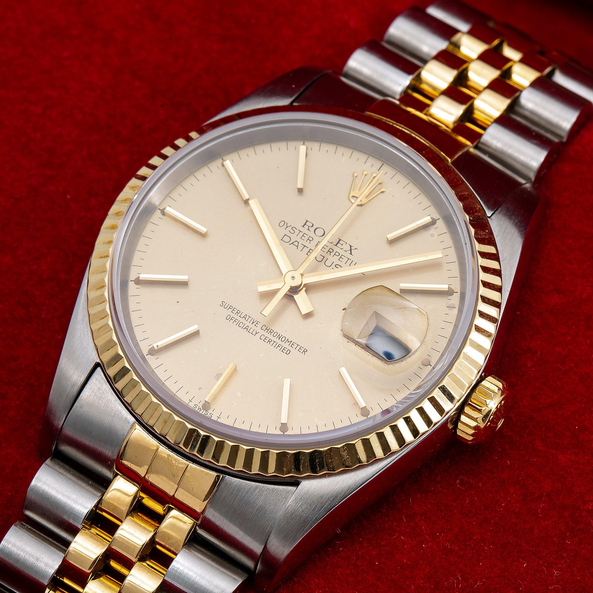 Rolex Datejust 36MM 16013 Champagne Dial Fluted Bezel Two Tone Yellow Gold Jubilee Bracelet
