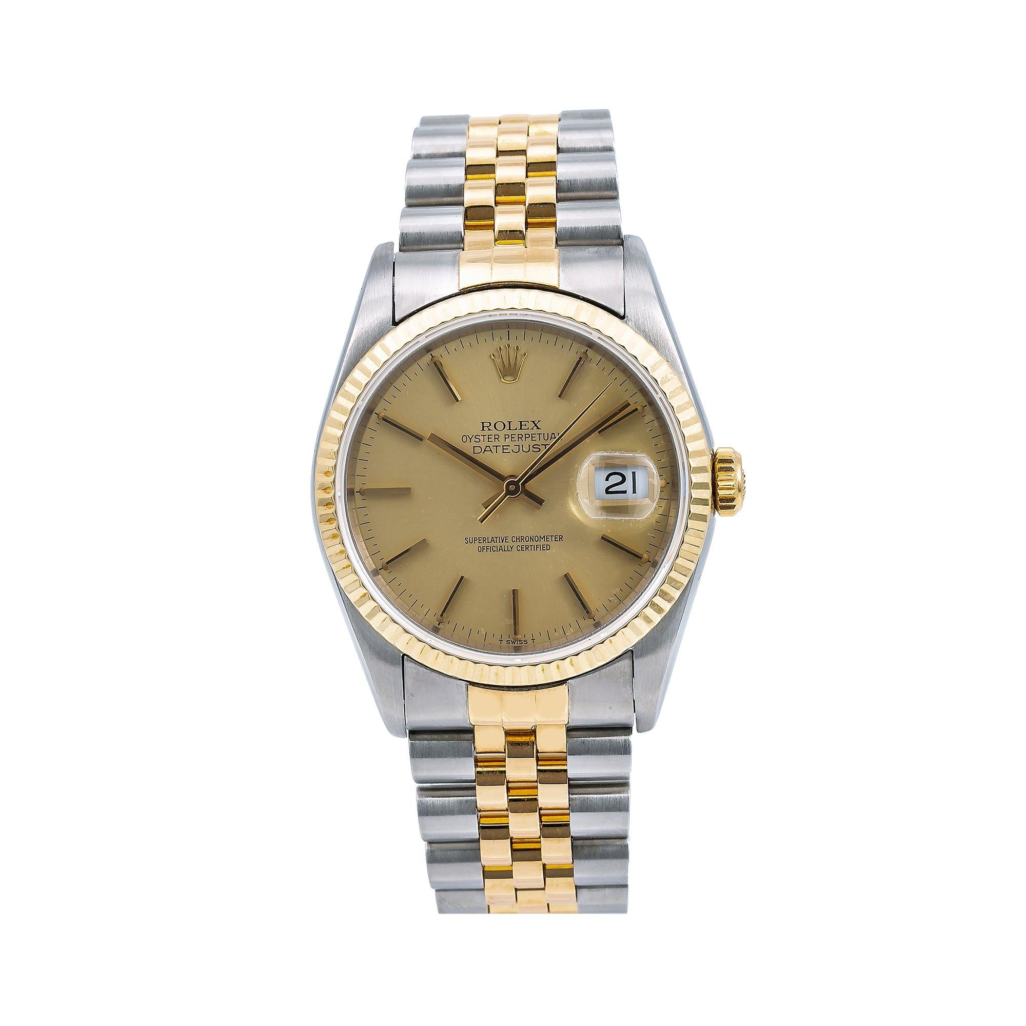 Rolex Datejust 36MM 16013 Champagne Dial Yellow Gold Fluted Bezel Two Tone Jubilee Bracelet