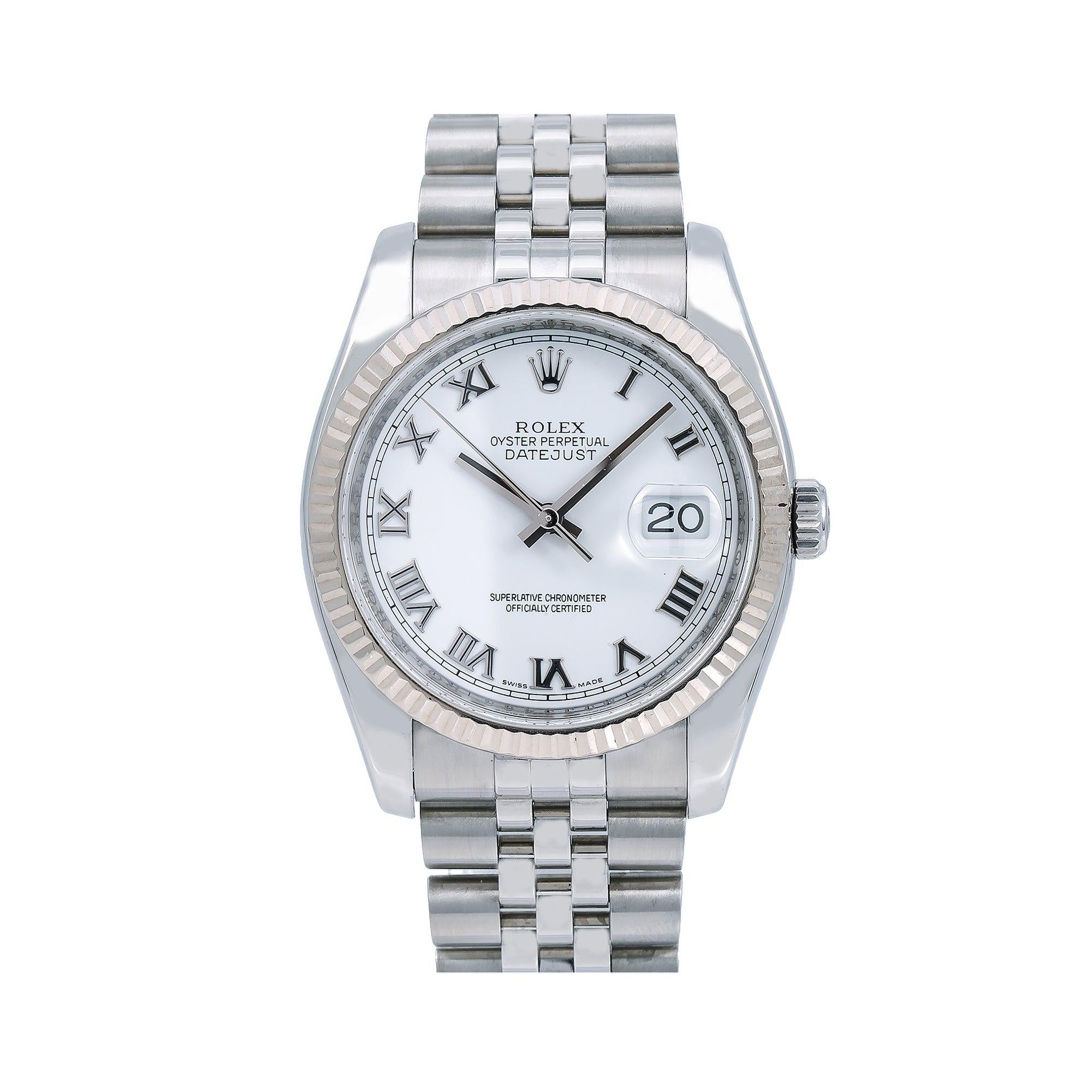 Rolex Datejust 36MM 116234 White Roman Dial White Gold Fluted Bezel Stainless Steel Jubilee Bracelet