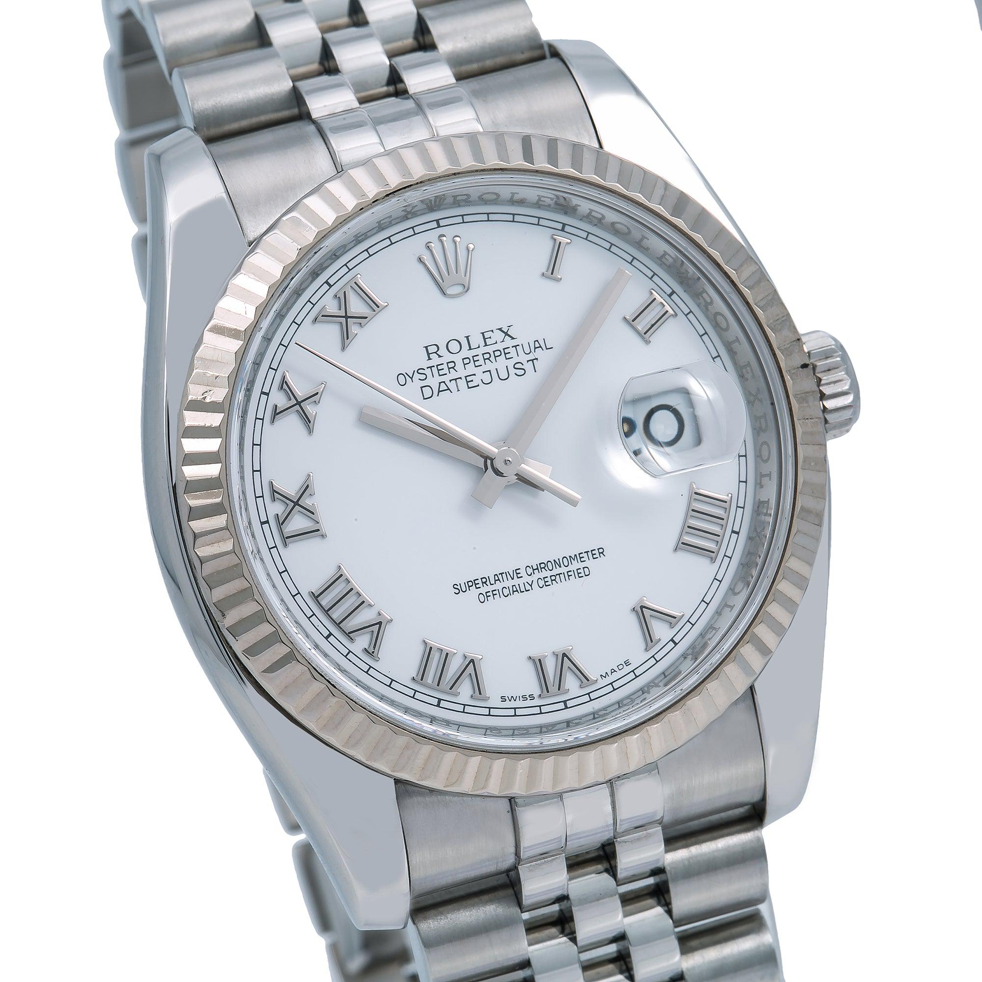 Rolex Datejust 36MM 116234 White Roman Dial Fluted Bezel Stainless Steel Jubilee Bracelet