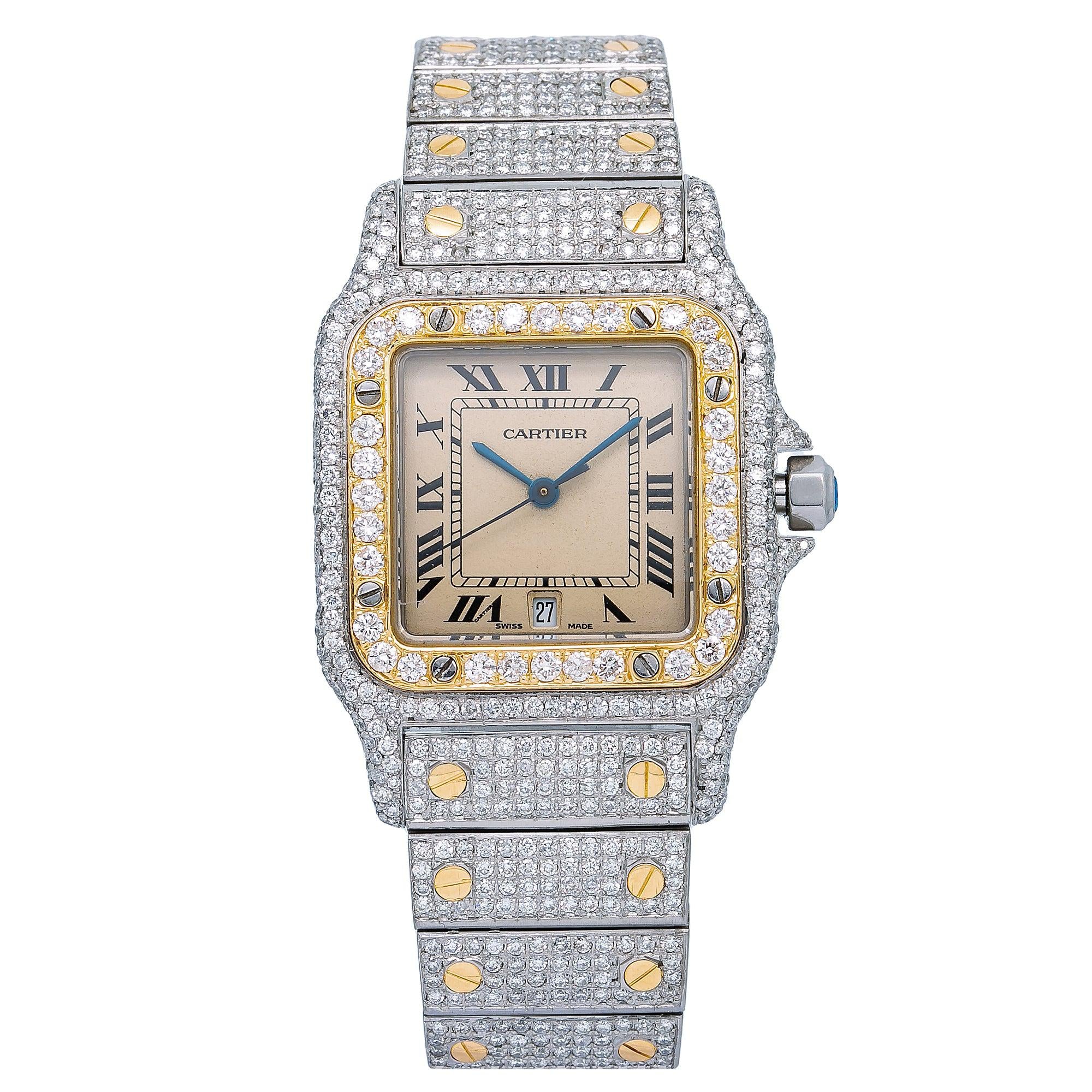 Cartier Santos Galbée 29MM 1566 Champagne Roman Dial Yellow Gold Diamond Bezel Two Tone Yellow Gold Full Diamond Bracelet
