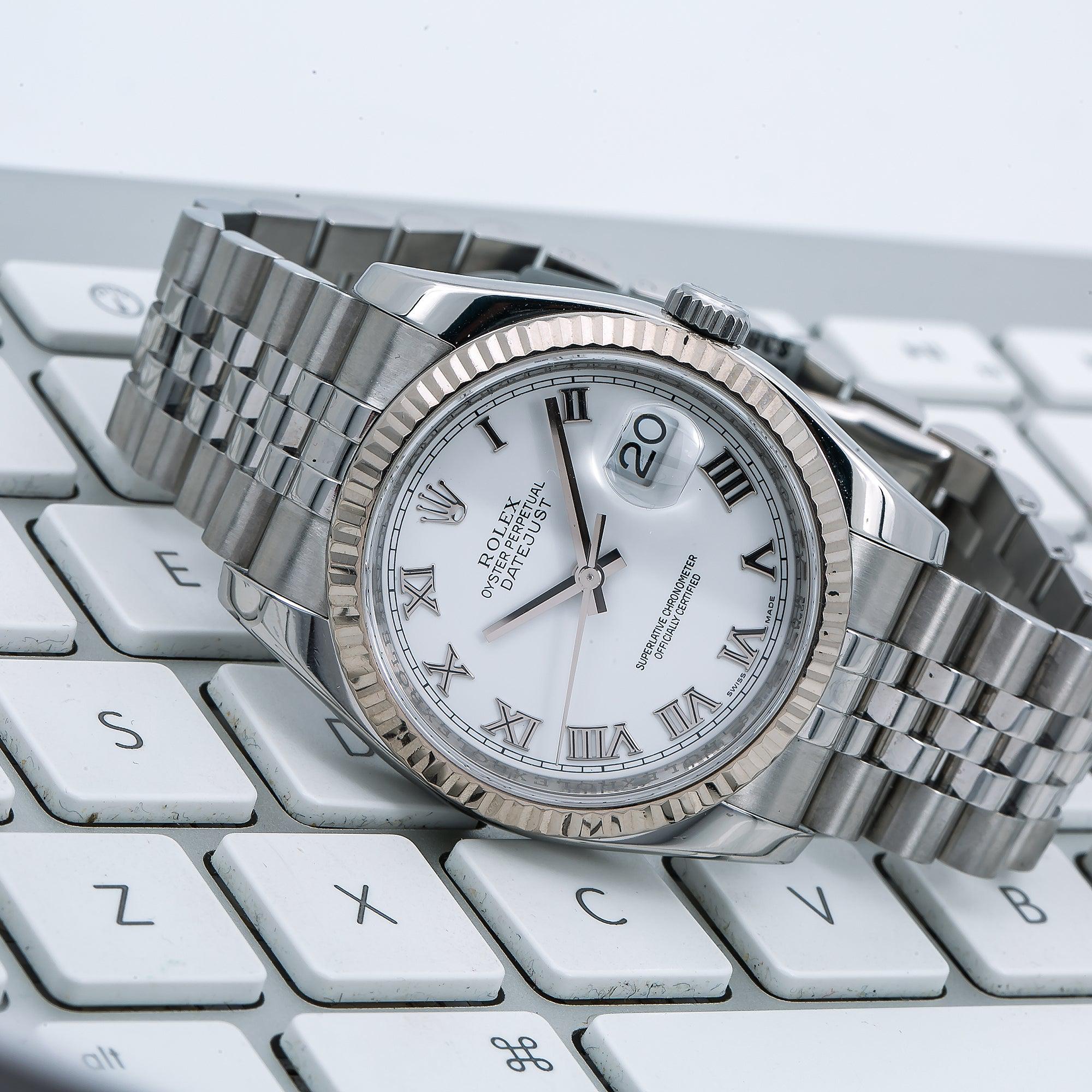 Rolex Datejust 36MM 116234 White Mother of Pearl Roman Dial Fluted Bezel Stainless Steel Jubilee Bracelet