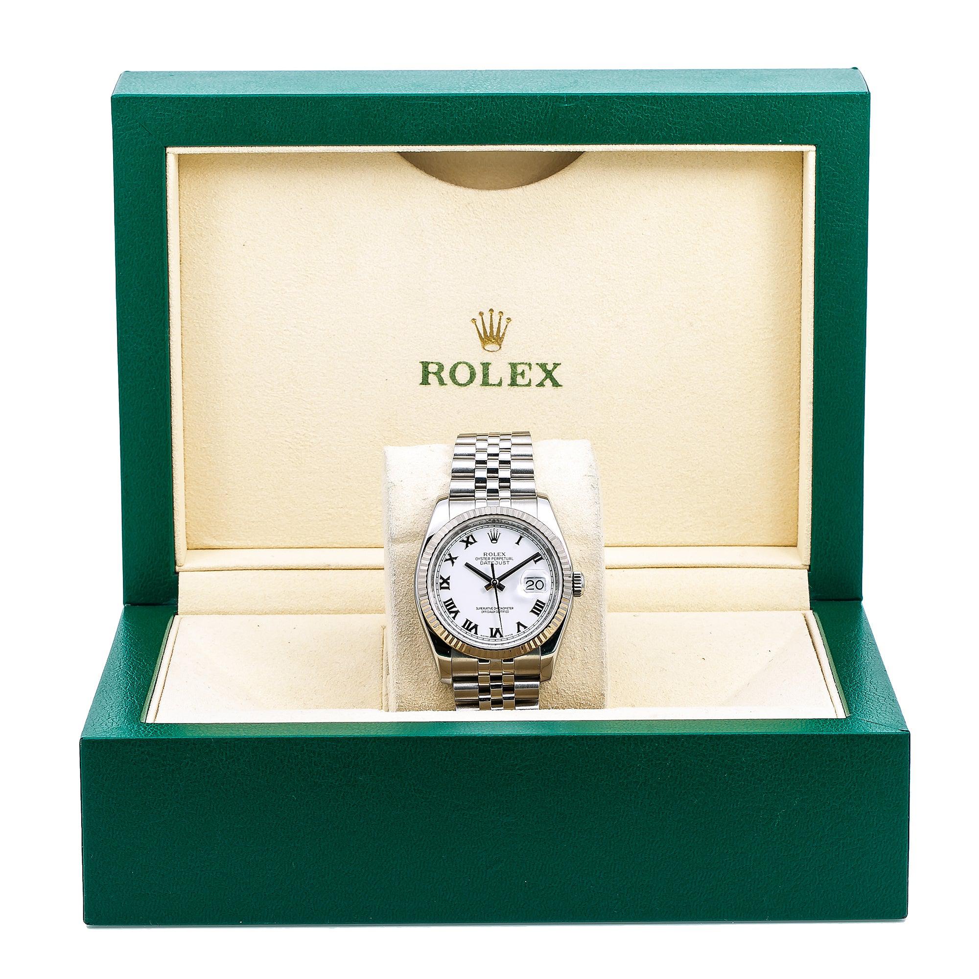 Rolex Datejust 36MM 116234 White Roman Dial Fluted Bezel Stainless Steel Jubilee Bracelet