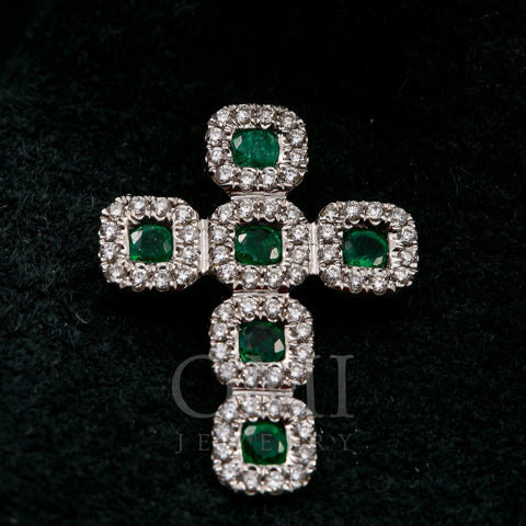 Unisex 18K White Gold Cross Pendant with 0.43 CT Diamonds and 0.47 Ct Emerald