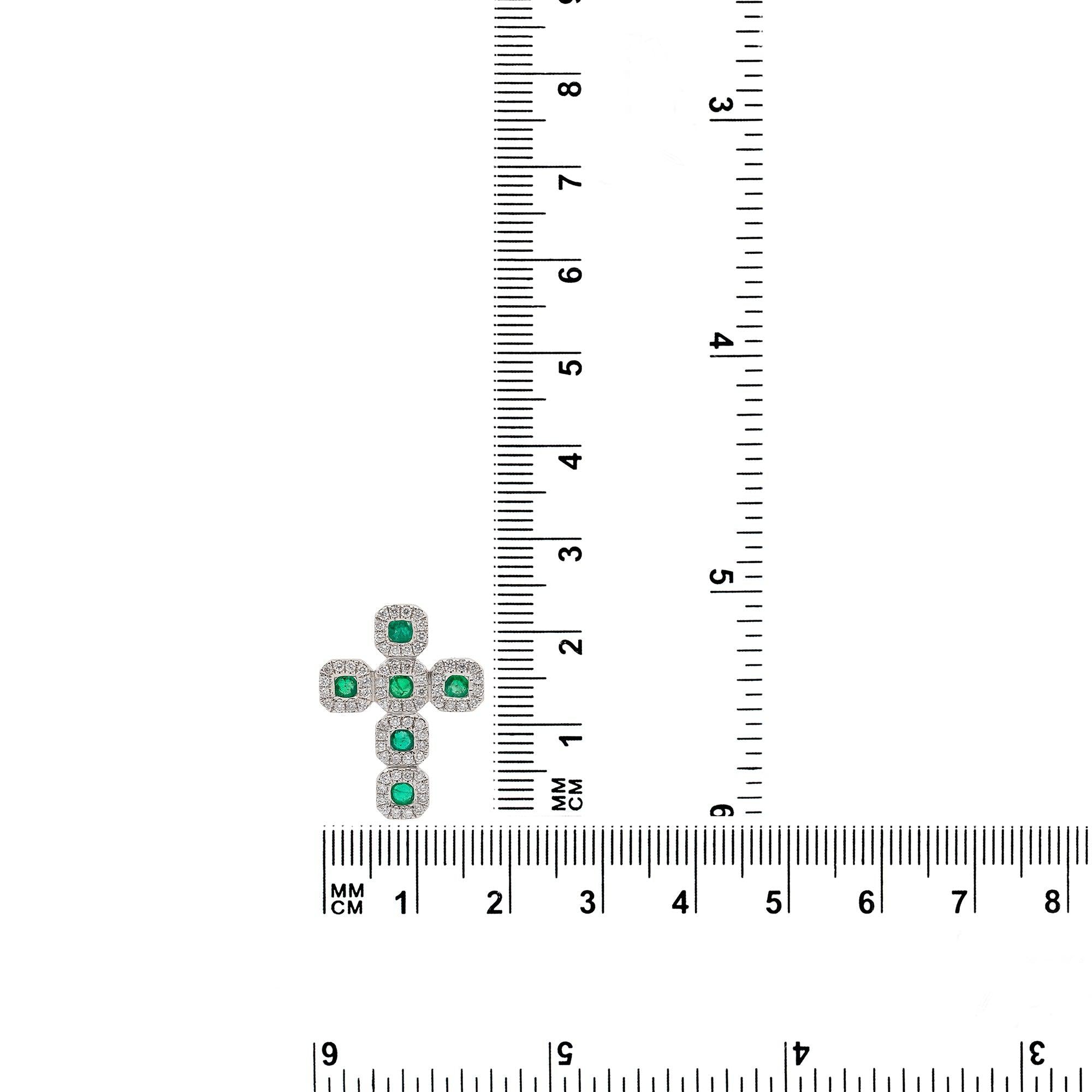 Unisex 18K White Gold Cross Pendant with 0.43 CT Diamonds and 0.47 Ct Emerald
