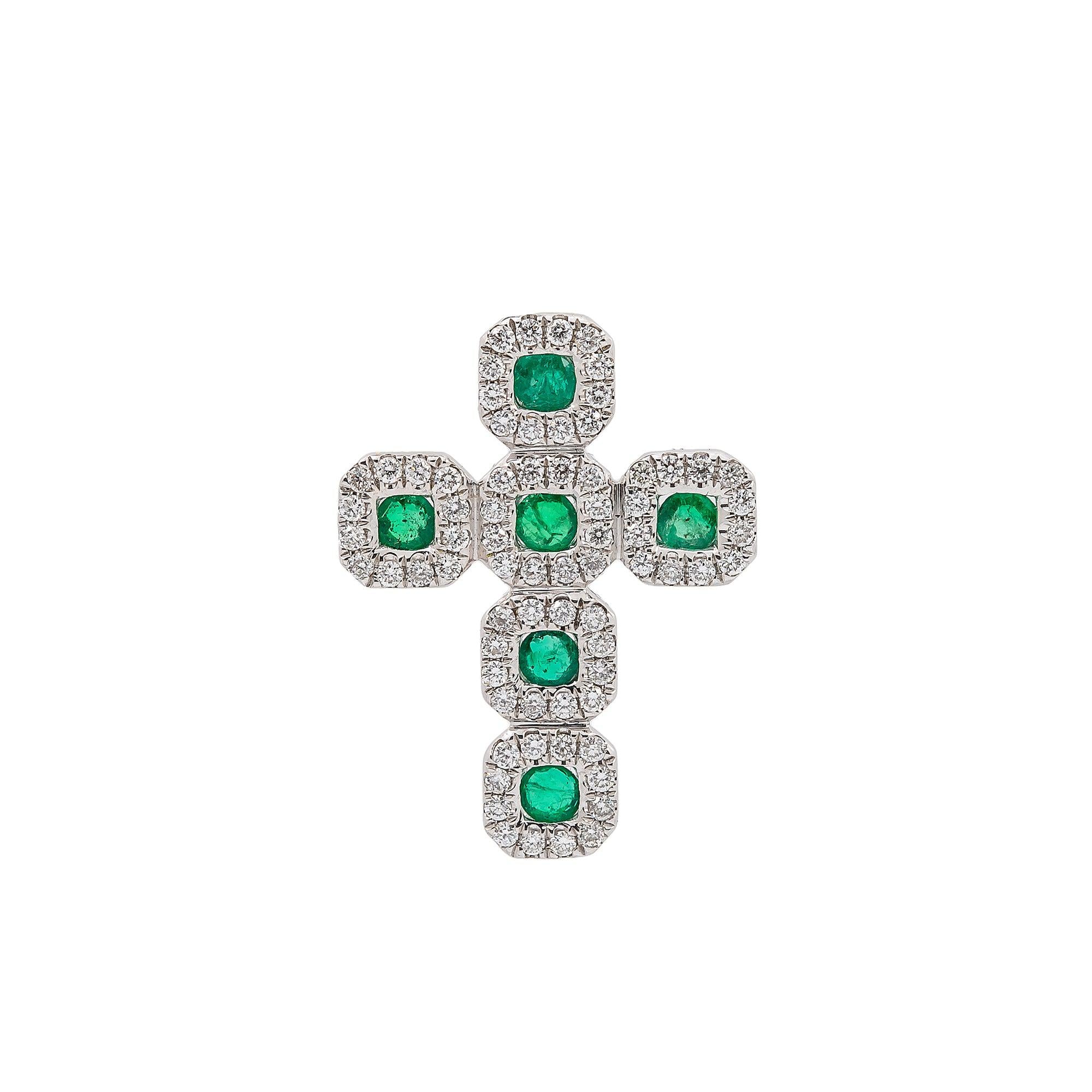 Unisex 18K White Gold Cross Pendant with 0.43 CT Diamonds and 0.47 Ct Emerald