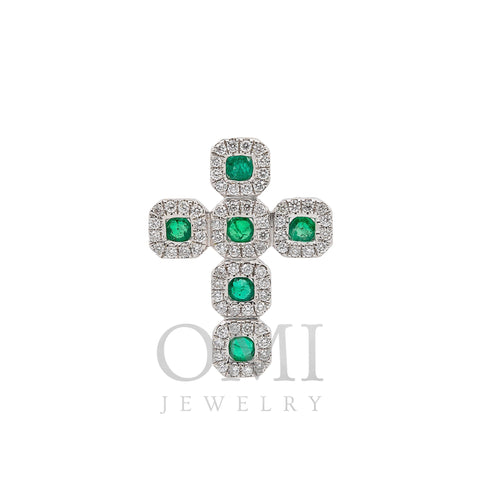 Unisex 18K White Gold Cross Pendant with 0.43 CT Diamonds and 0.47 Ct Emerald