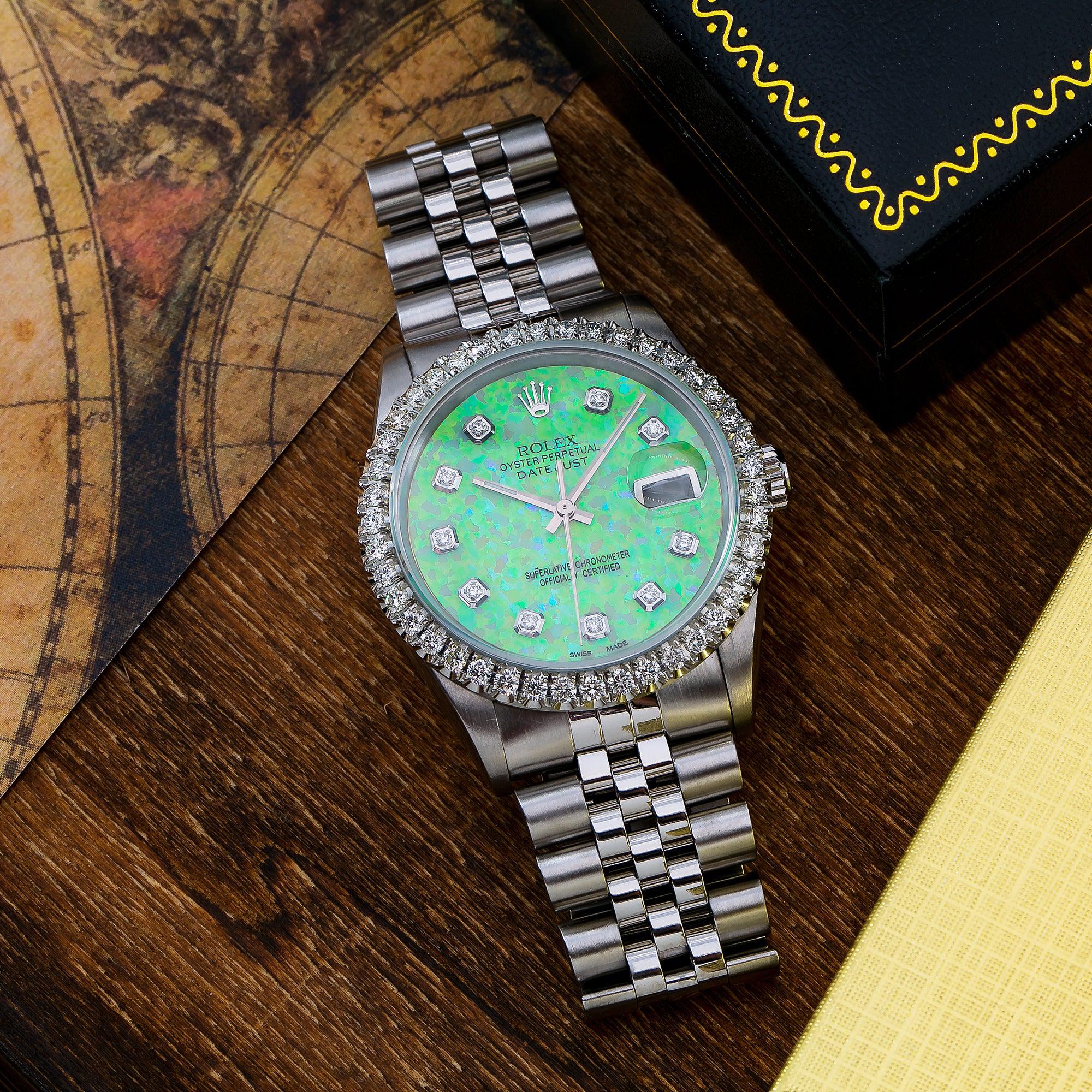 Rolex Datejust 36MM 16220 Green Diamond Dial Diamond Bezel Stainless Steel Jubilee Bracelet