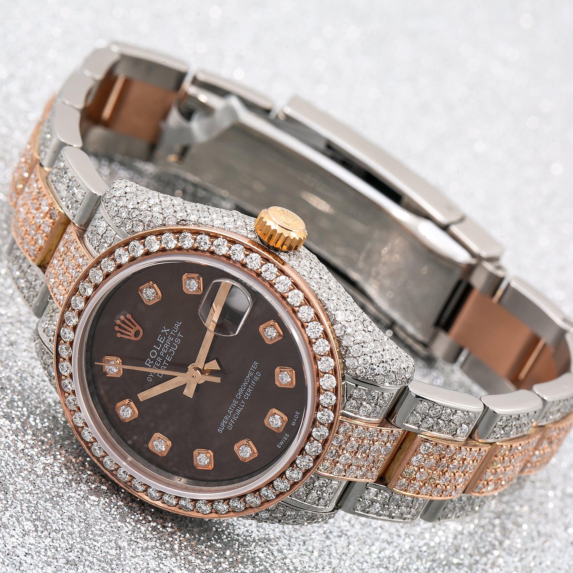 Rolex Datejust 31MM 178271 Chocolate Diamond Dial Diamond Bezel Two Tone Rose Gold Full Diamond Oyster Bracelet 9.75ct