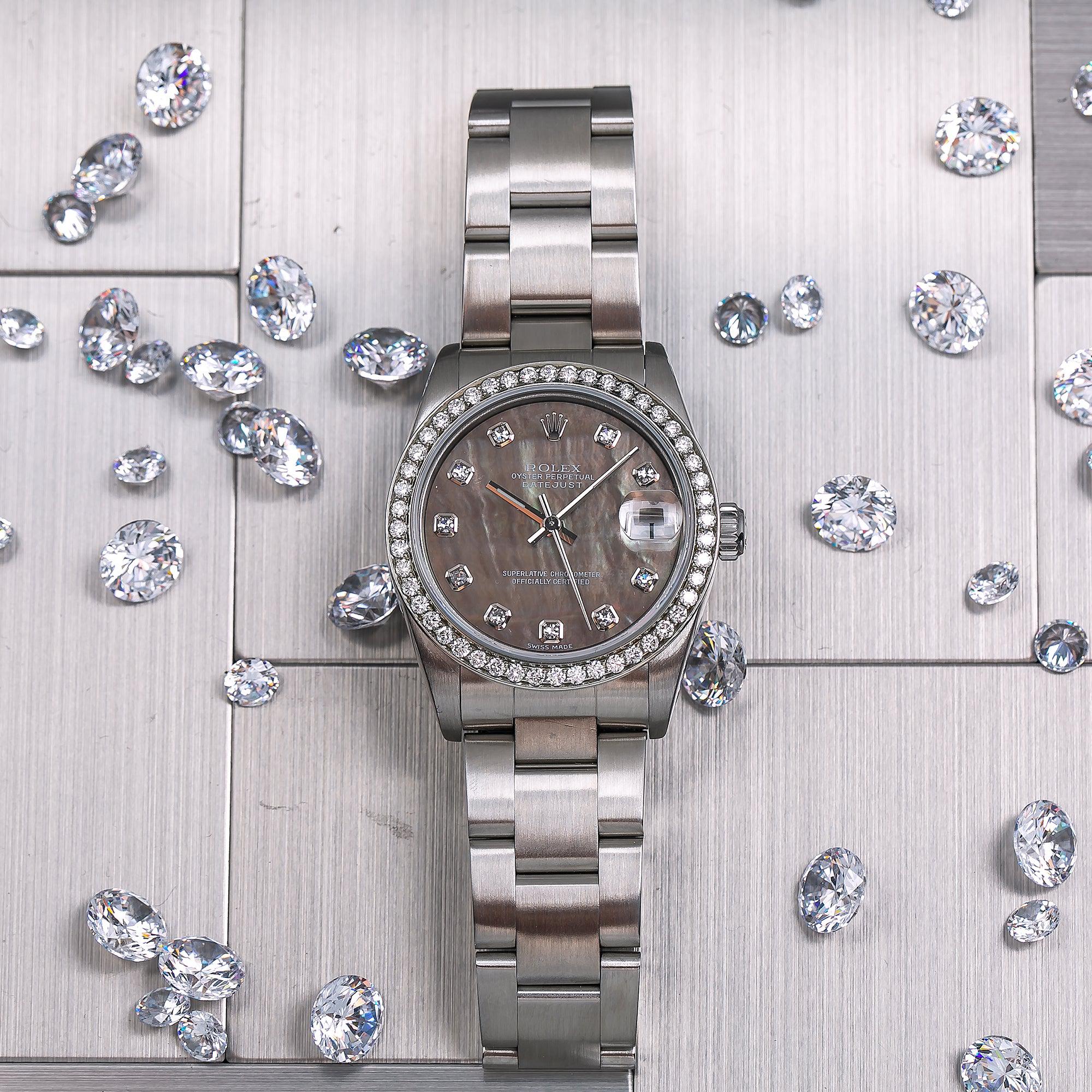 Rolex Datejust 31MM 78240 Black Mother of Pearl Diamond Dial Diamond Bezel Stainless Steel Oyster Bracelet 1.05ct
